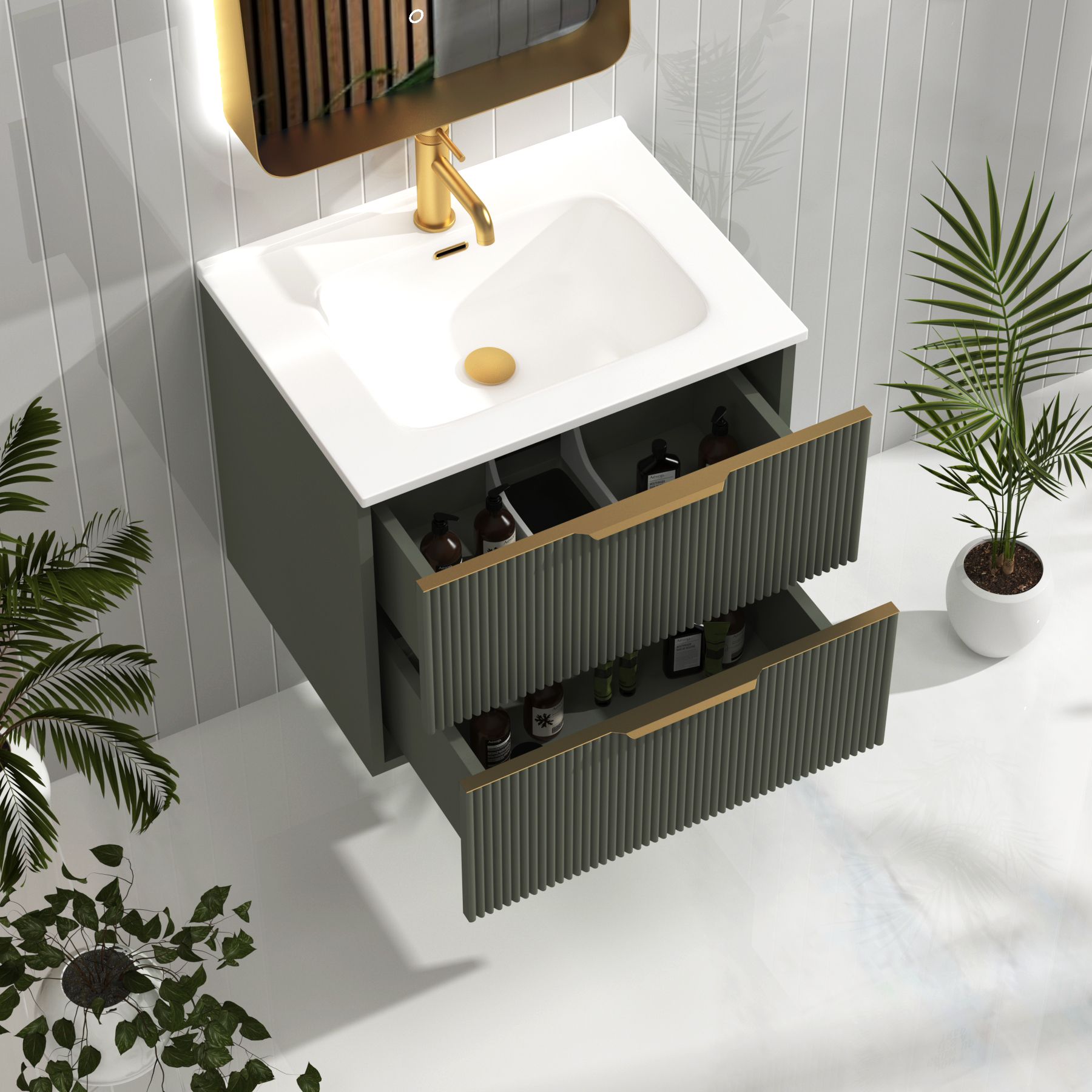 Evora 700mm Sage Green Fluted Wall Hung Vanity Unit 2 Drawer with Ceramic Basin & Brushed Brass Handles