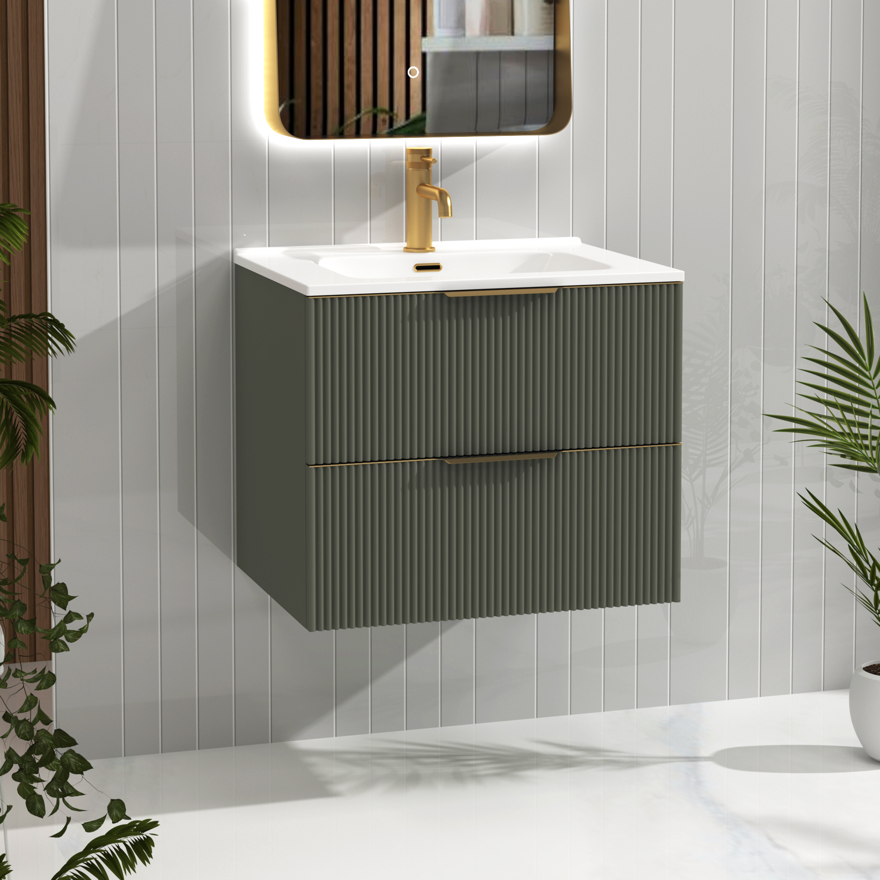 Evora 700mm Sage Green Fluted Wall Hung Vanity Unit 2 Drawer with Ceramic Basin & Brushed Brass Handles