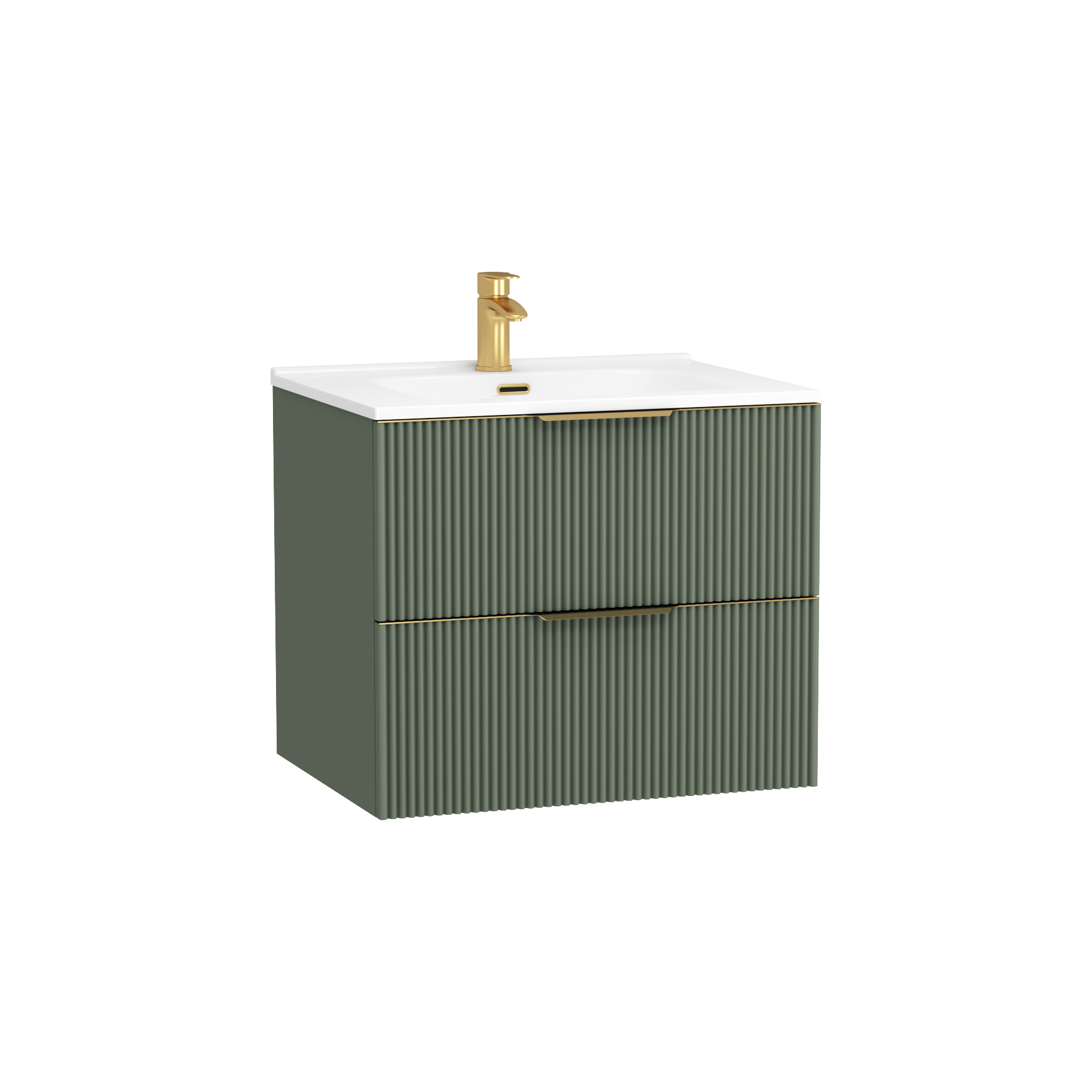 Evora 700mm Sage Green Fluted Wall Hung Vanity Unit 2 Drawer with Ceramic Basin & Brushed Brass Handles