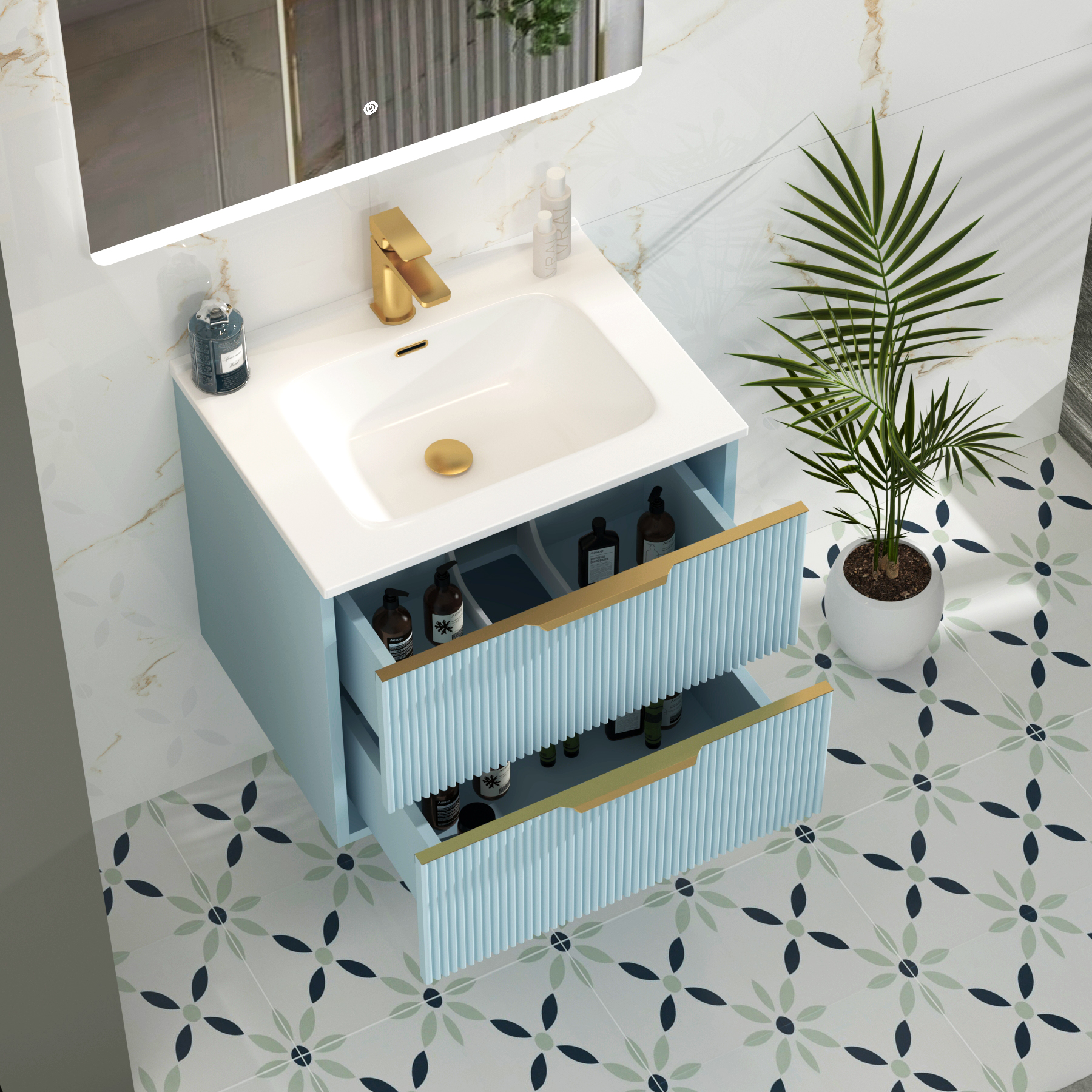 Evora 700mm Powder Blue Fluted Wall Hung Vanity Unit 2 Drawer with Ceramic Basin & Brushed Brass Handles