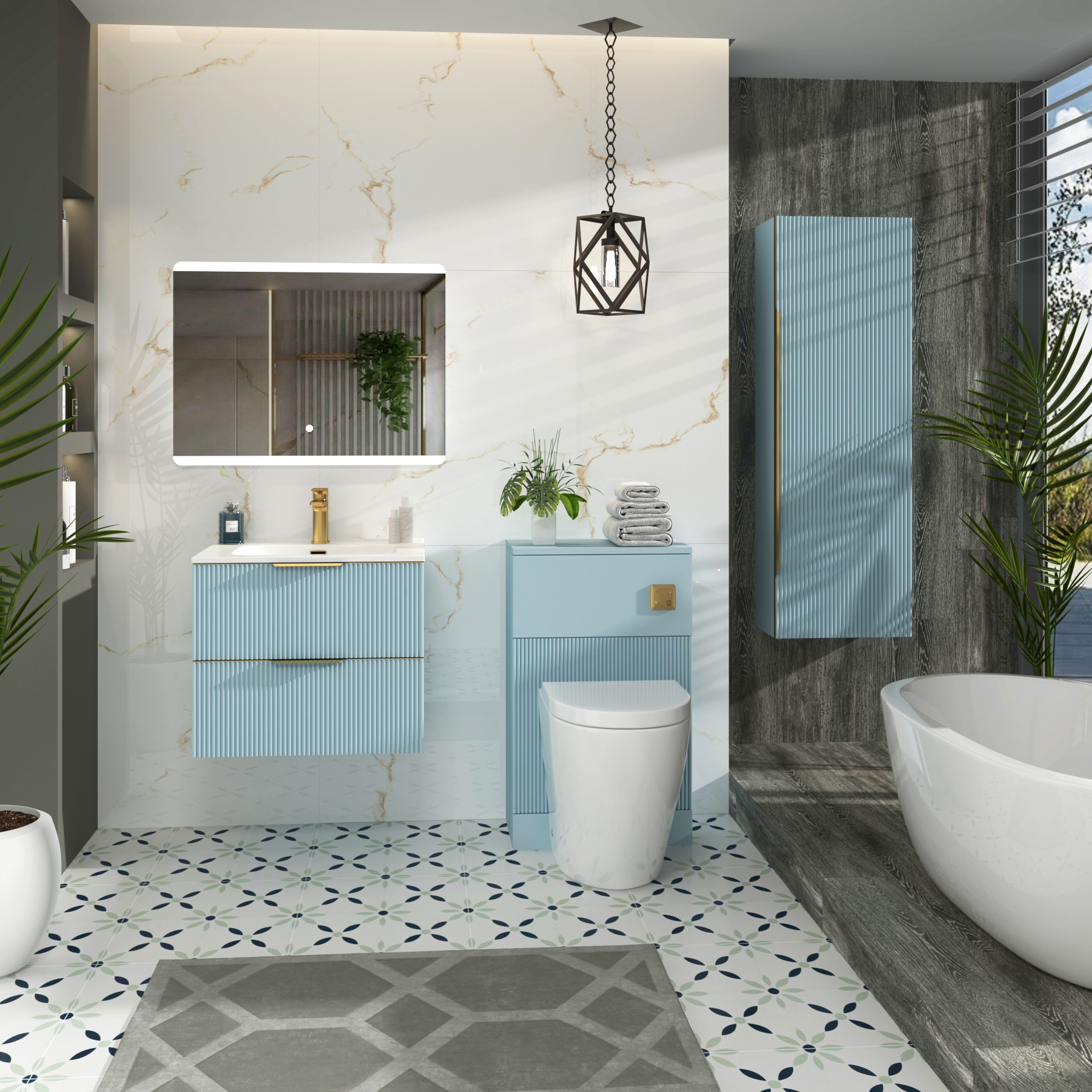 Evora 700mm Powder Blue Fluted Wall Hung Vanity Unit 2 Drawer with Ceramic Basin & Brushed Brass Handles