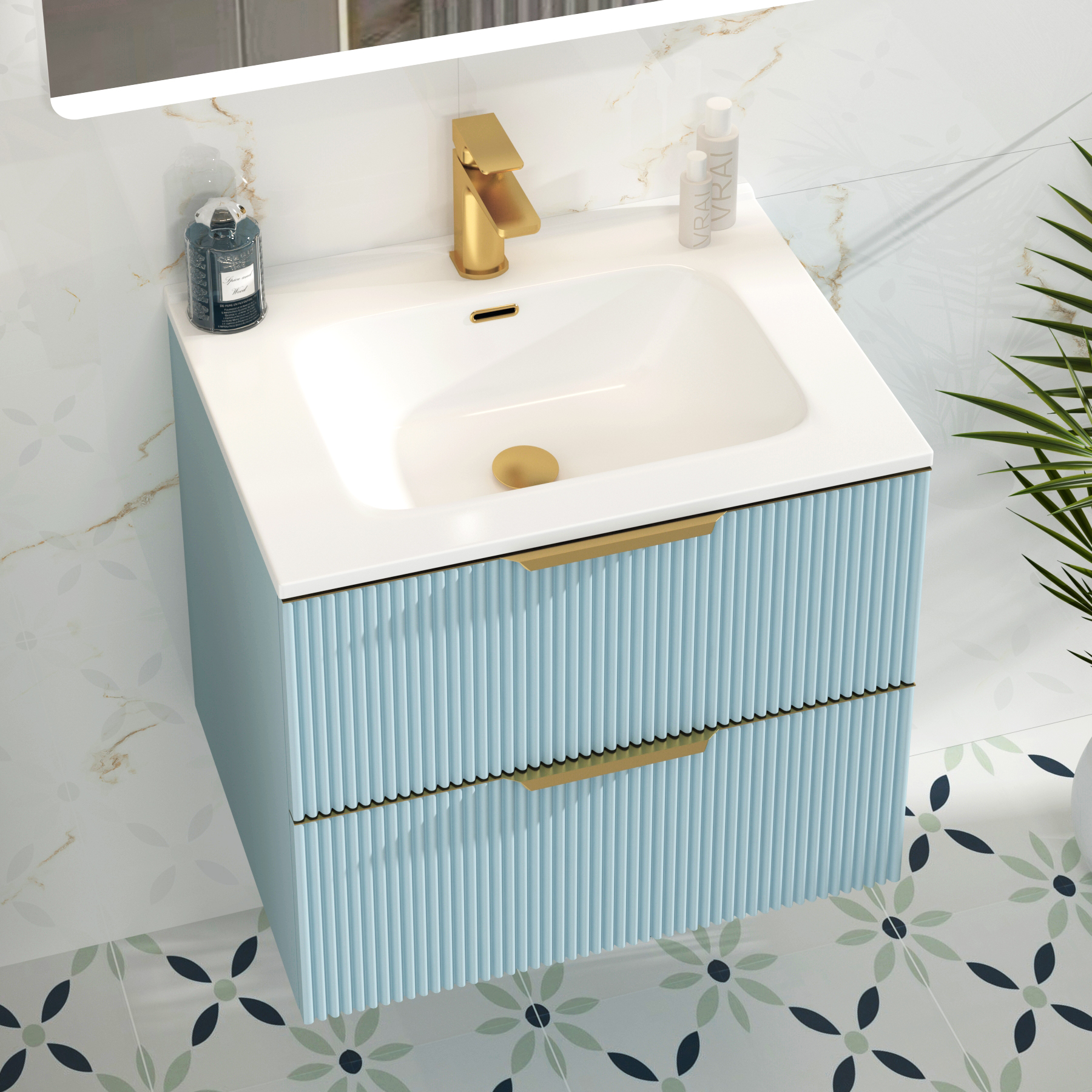 Evora 700mm Powder Blue Fluted Wall Hung Vanity Unit 2 Drawer with Ceramic Basin & Brushed Brass Handles