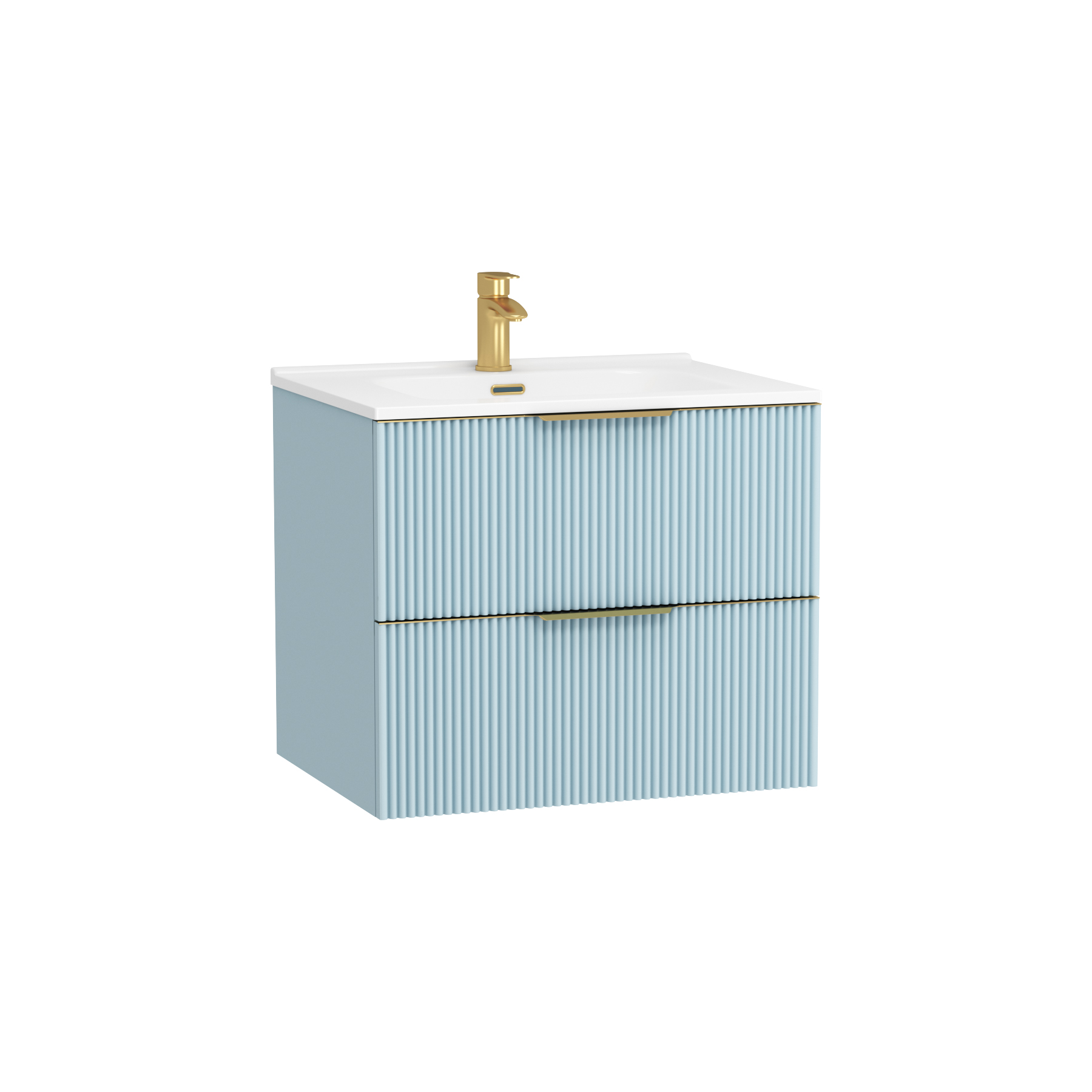 Evora 700mm Powder Blue Fluted Wall Hung Vanity Unit 2 Drawer with Ceramic Basin & Brushed Brass Handles