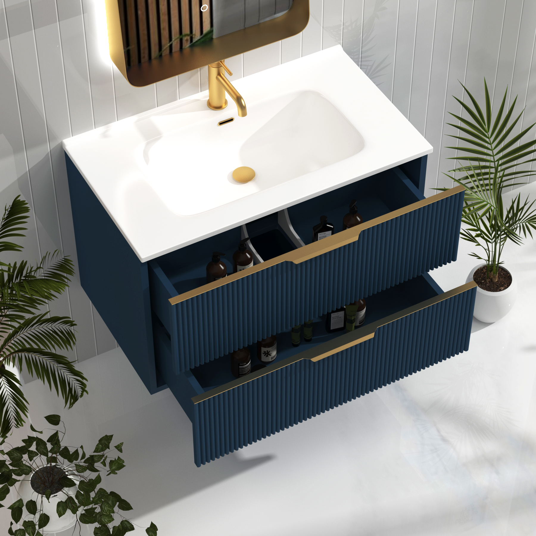 Evora 800mm Midnight Blue Fluted Wall Hung Vanity Unit 2 Drawer with Ceramic Basin & Brushed Brass Handles