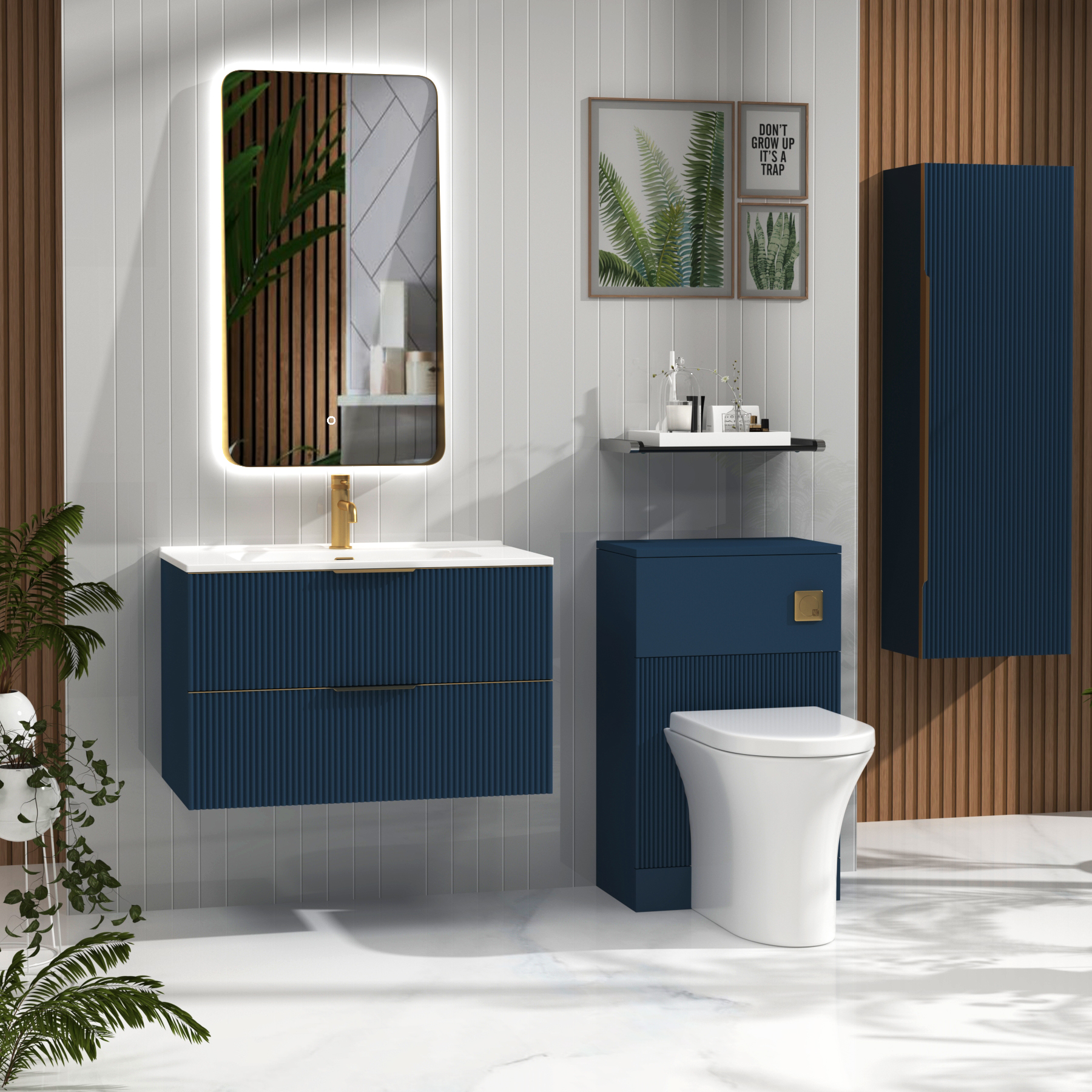 Evora 800mm Midnight Blue Fluted Wall Hung Vanity Unit 2 Drawer with Ceramic Basin & Brushed Brass Handles
