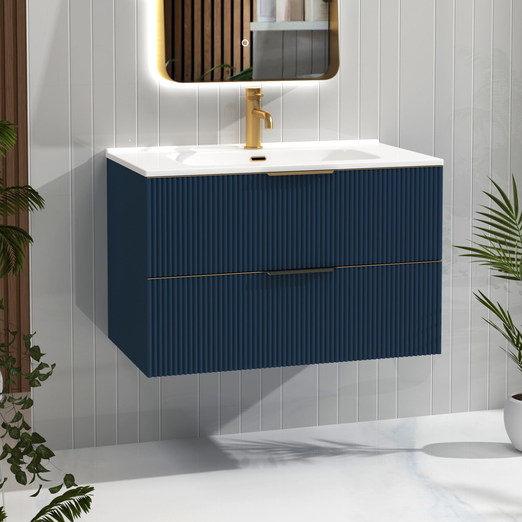 Evora 800mm Midnight Blue Fluted Wall Hung Vanity Unit 2 Drawer with Ceramic Basin & Brushed Brass Handles