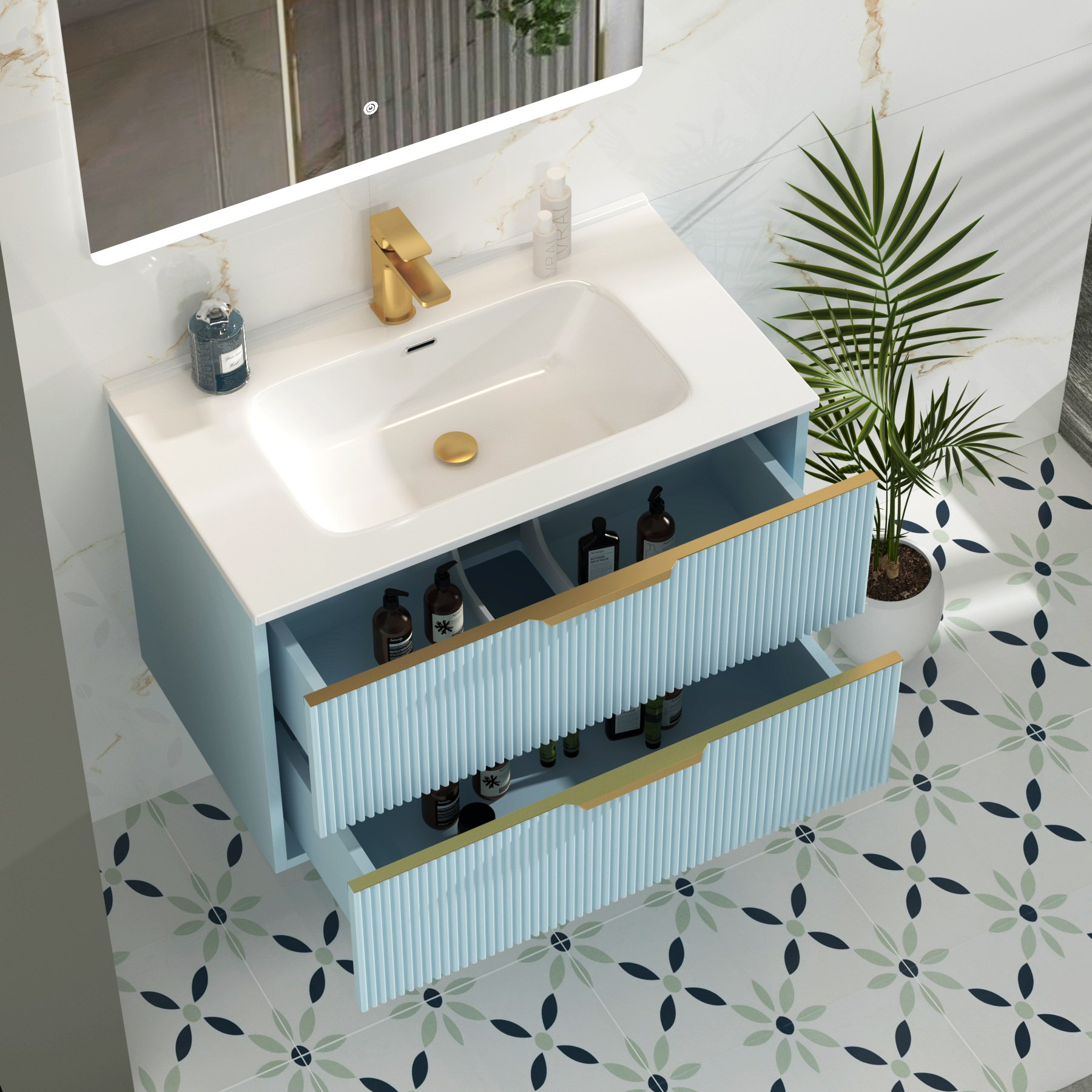 Evora 800mm Powder Blue Fluted Wall Hung Vanity Unit 2 Drawer with Ceramic Basin & Brushed Brass Handles