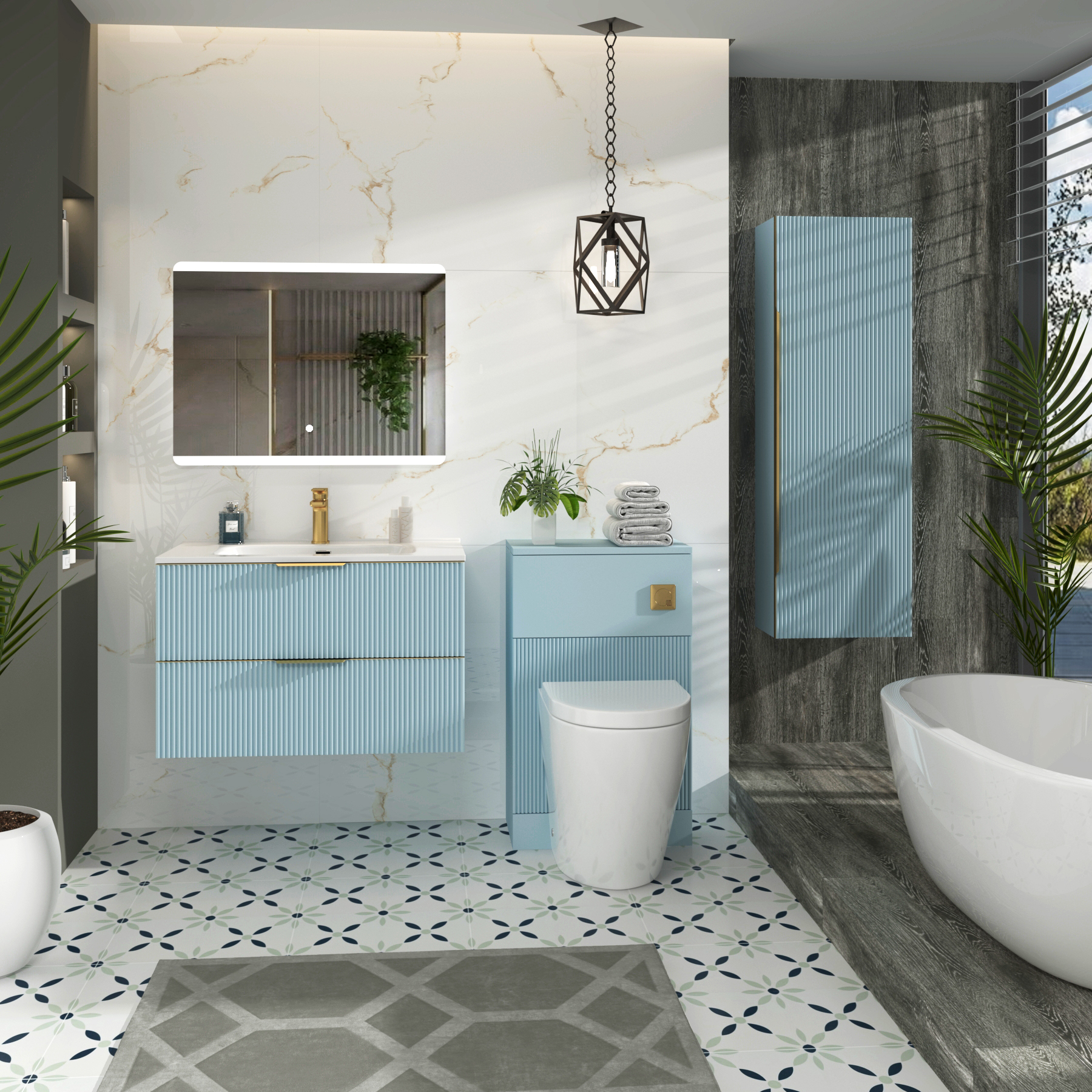 Evora 800mm Powder Blue Fluted Wall Hung Vanity Unit 2 Drawer with Ceramic Basin & Brushed Brass Handles