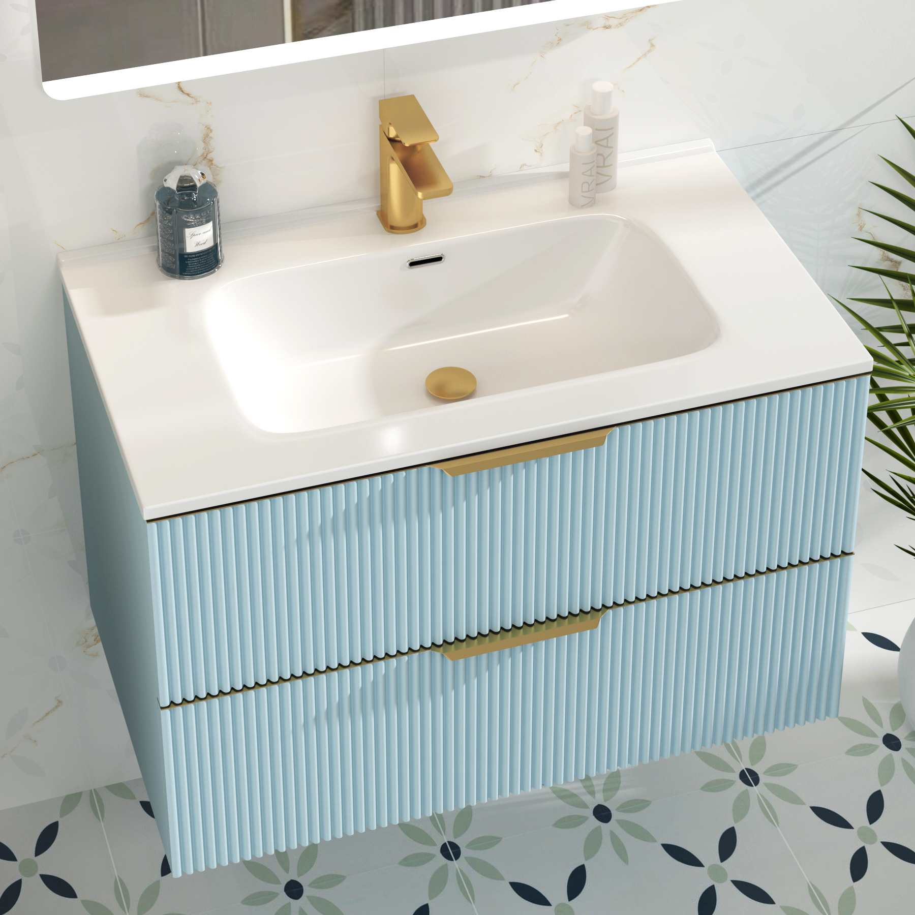 Evora 800mm Powder Blue Fluted Wall Hung Vanity Unit 2 Drawer with Ceramic Basin & Brushed Brass Handles