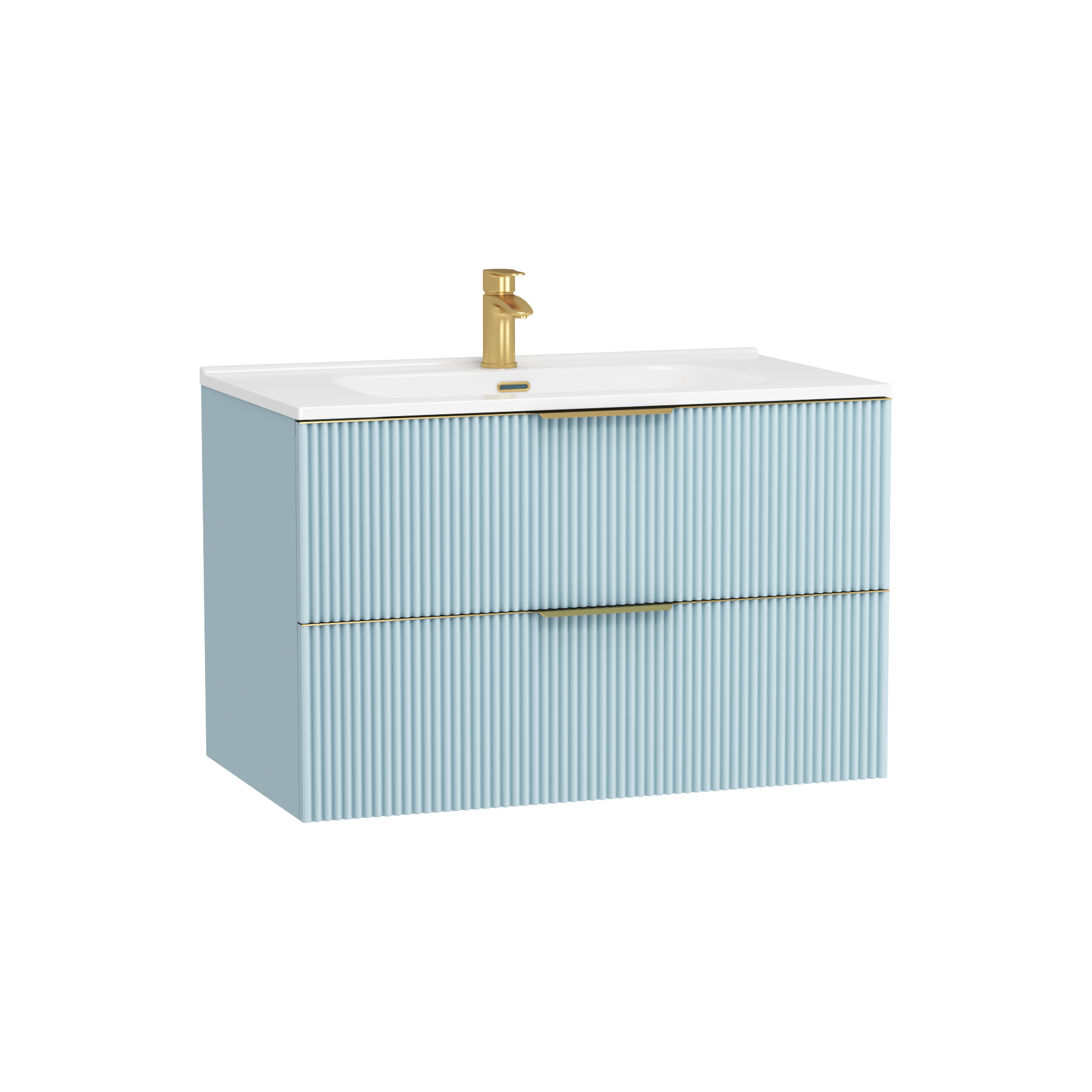 Evora 800mm Powder Blue Fluted Wall Hung Vanity Unit 2 Drawer with Ceramic Basin & Brushed Brass Handles