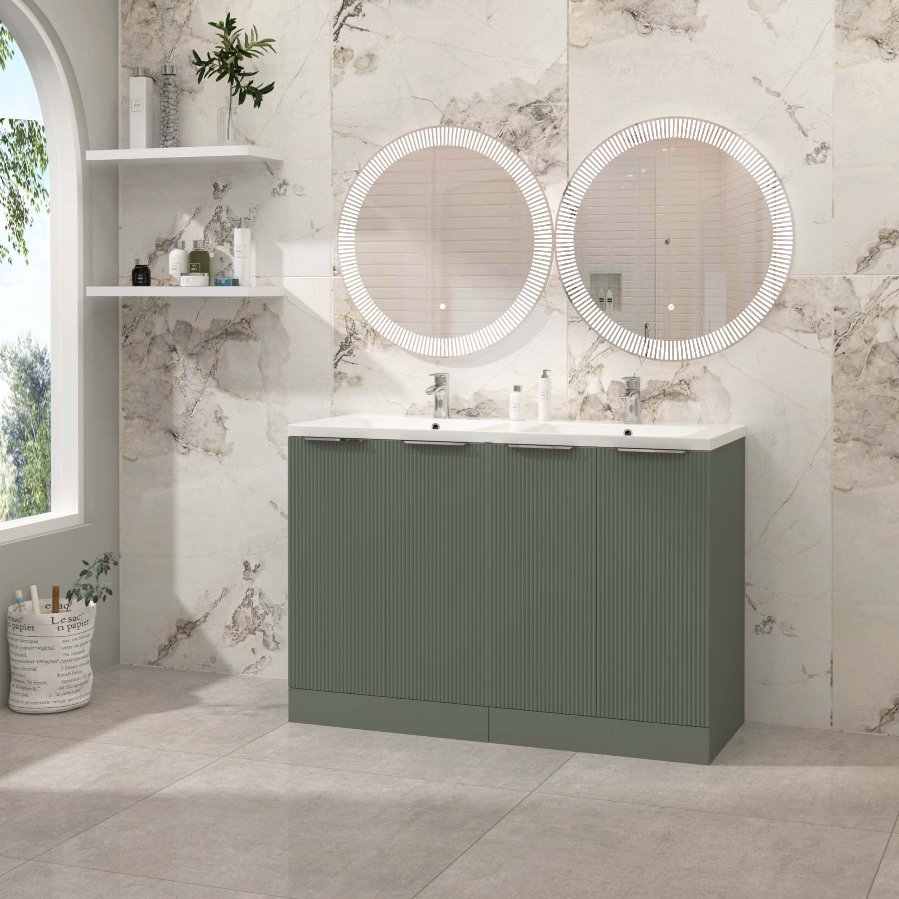 Evora 1200mm Sage Green Fluted Floor Standing Vanity Unit 4 Door with Ceramic Basin & Various Handles