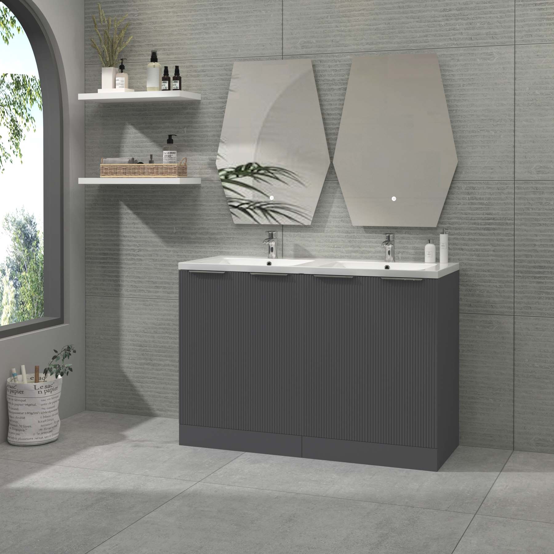 Evora 1200mm Graphite Grey Fluted Floor Standing Vanity Unit 4 Door with Ceramic Basin