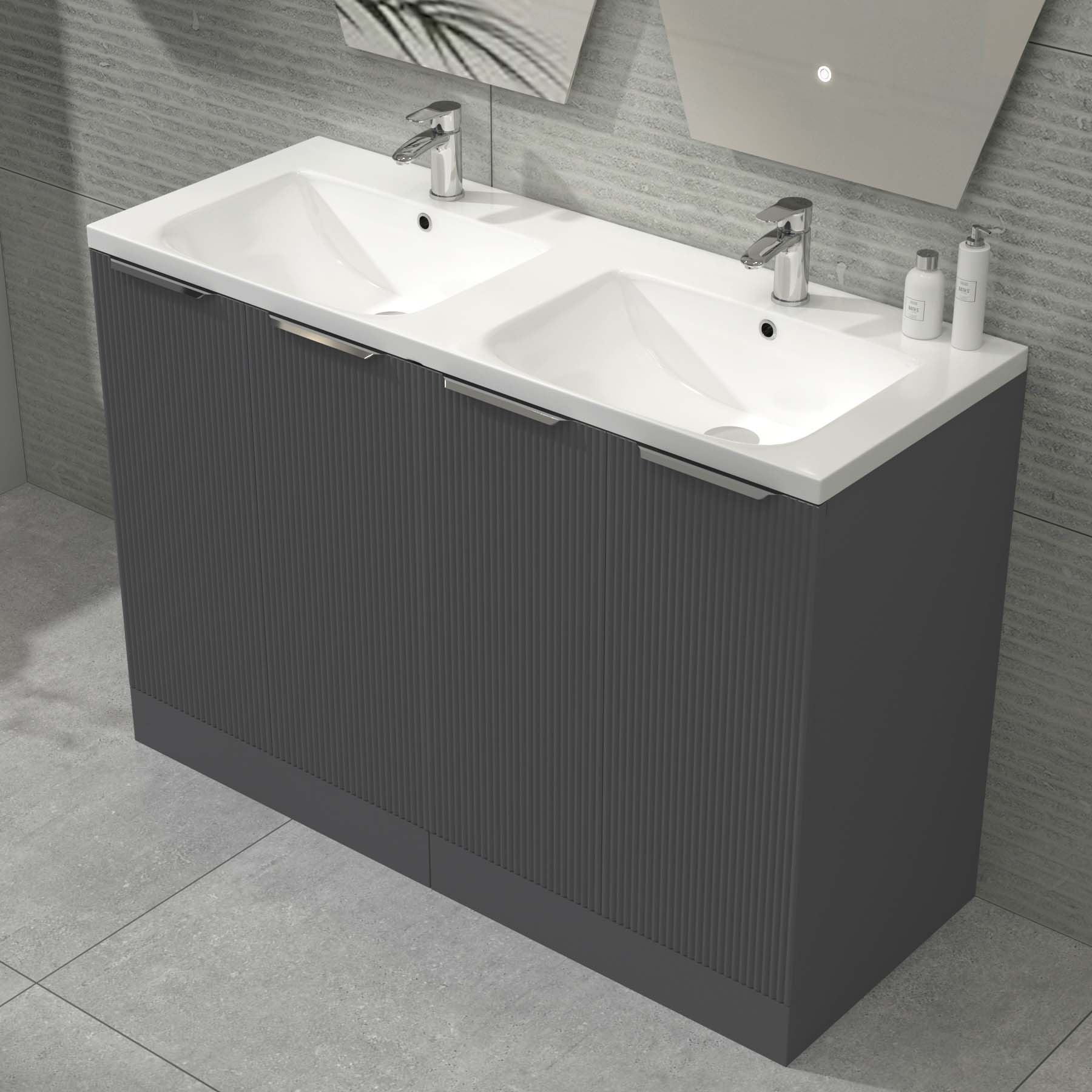 Evora 1200mm Graphite Grey Fluted Floor Standing Vanity Unit 4 Door with Ceramic Basin