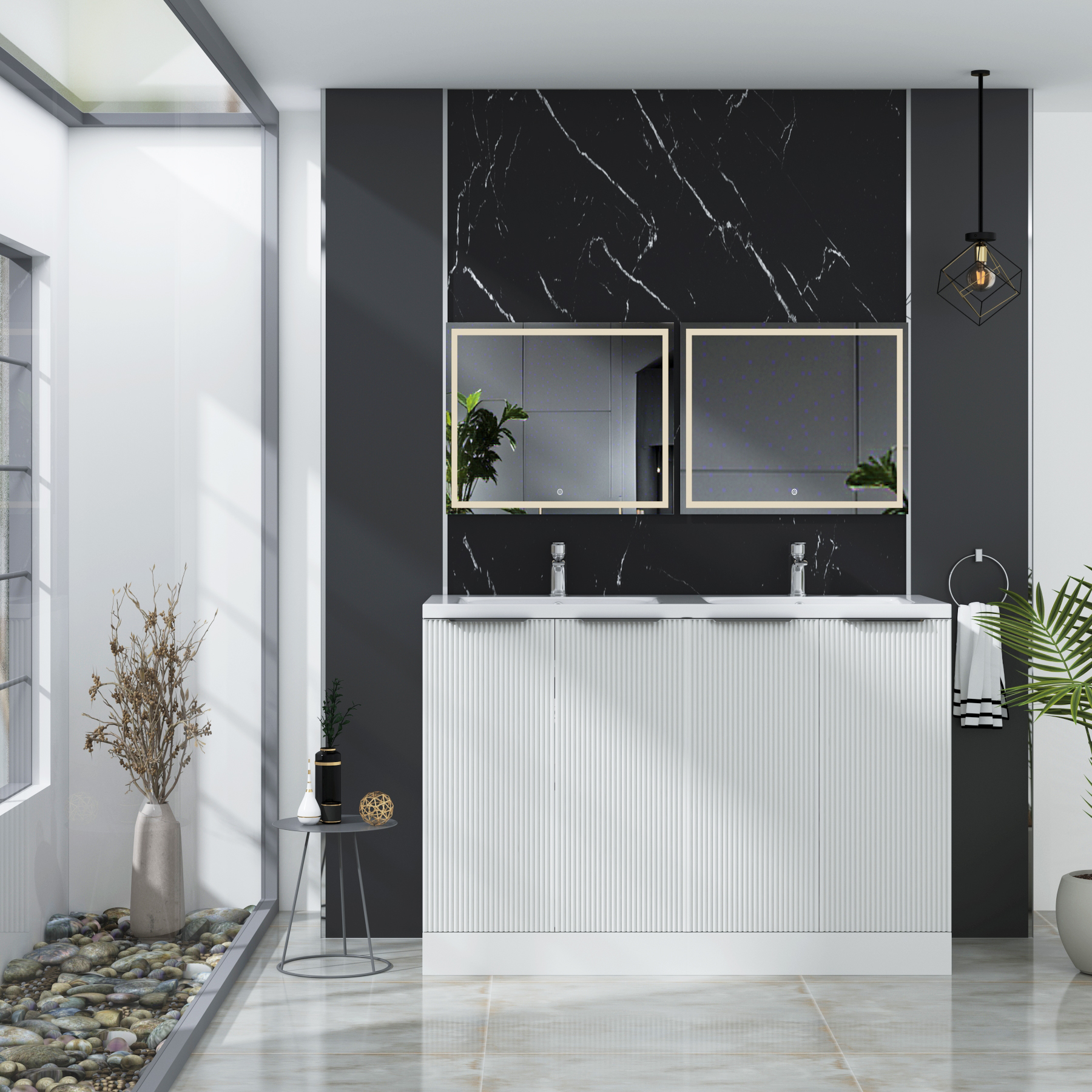 Evora 1200mm Matt White Fluted Floor Standing Vanity Unit 4 Door with Ceramic Basin & Various Handles