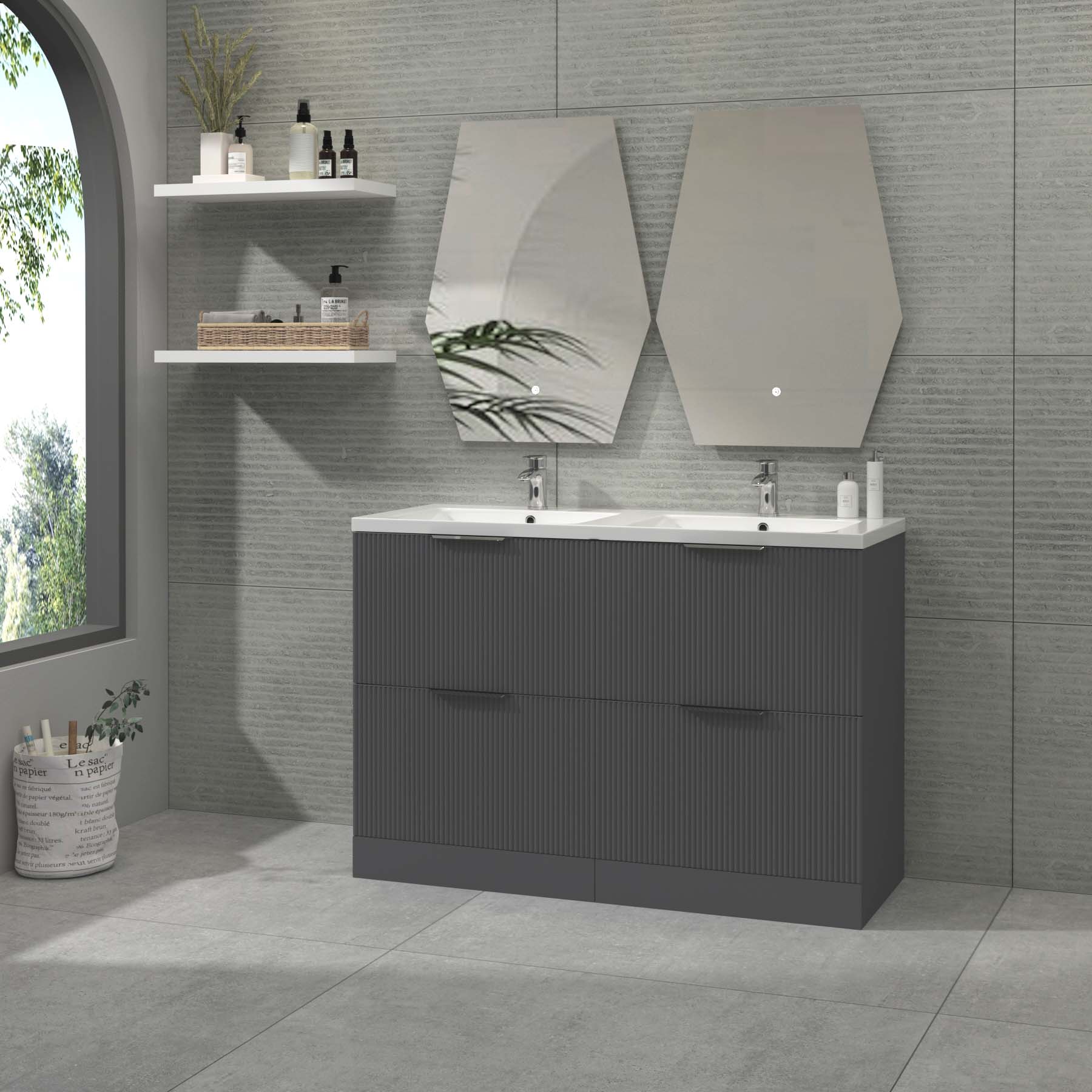 Evora 1200mm Graphite Grey Fluted Floor Standing Vanity Unit 4 Drawer with Ceramic Basin & Various Handles