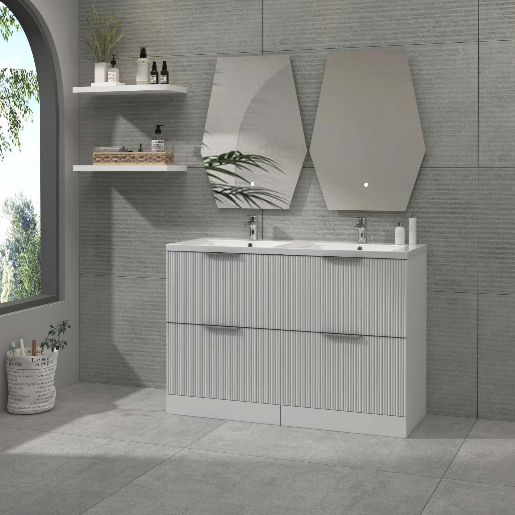 Evora 1200mm Matt White Fluted Floor Standing Vanity Unit 4 Drawer with Ceramic Basin & Various Handles