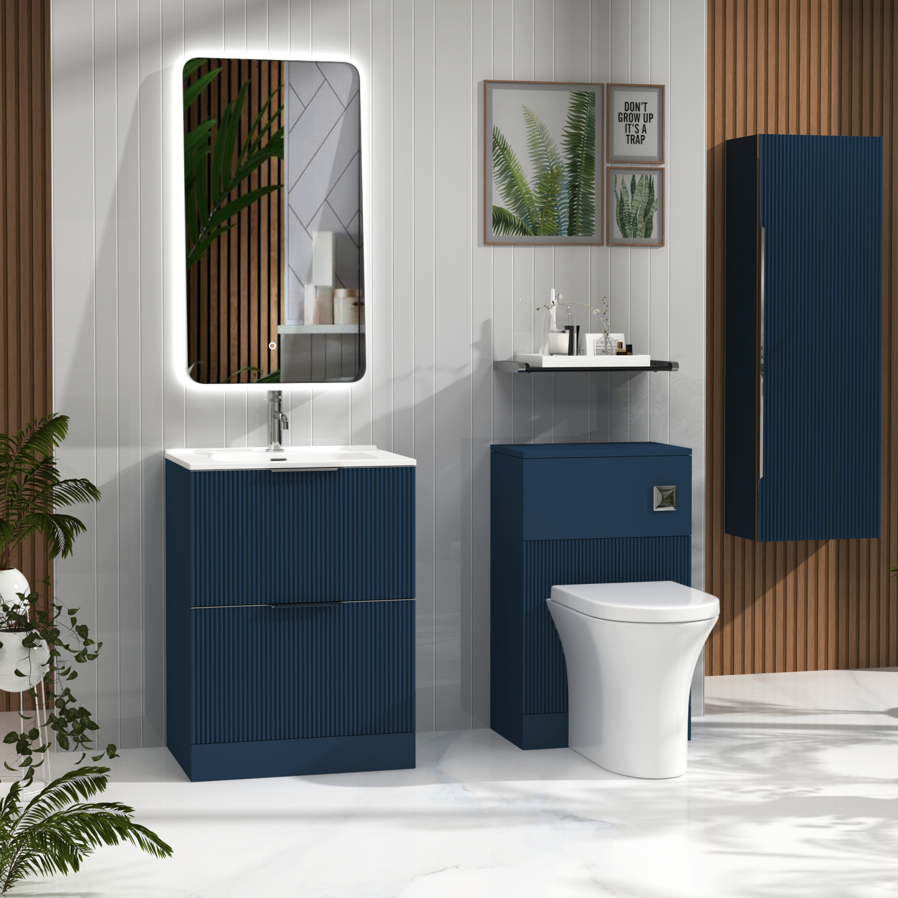 Evora Midnight Blue Fluted Floor Standing Vanity Unit 2 Drawer with Optional Basin & Various Handles