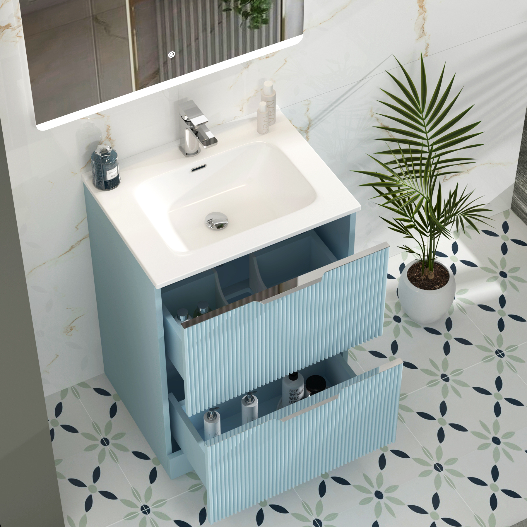 Evora 700mm Powder Blue Fluted Floor Standing Vanity Unit 2 Drawer with Ceramic Basin