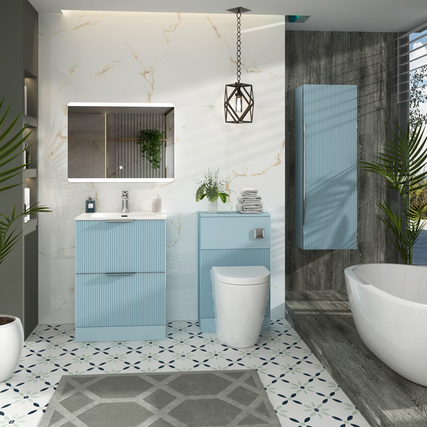 Evora 700mm Powder Blue Fluted Floor Standing Vanity Unit 2 Drawer with Ceramic Basin