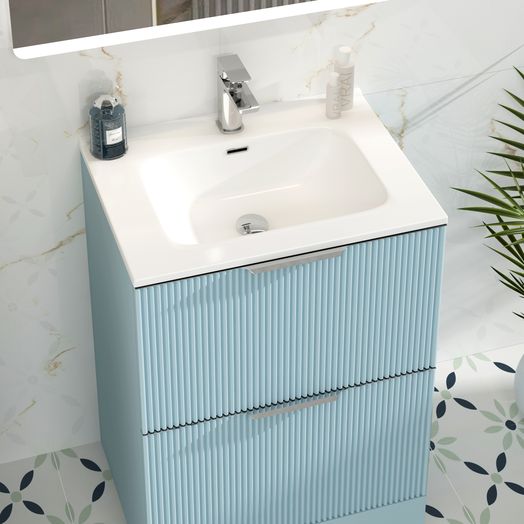 Evora 700mm Powder Blue Fluted Floor Standing Vanity Unit 2 Drawer with Ceramic Basin
