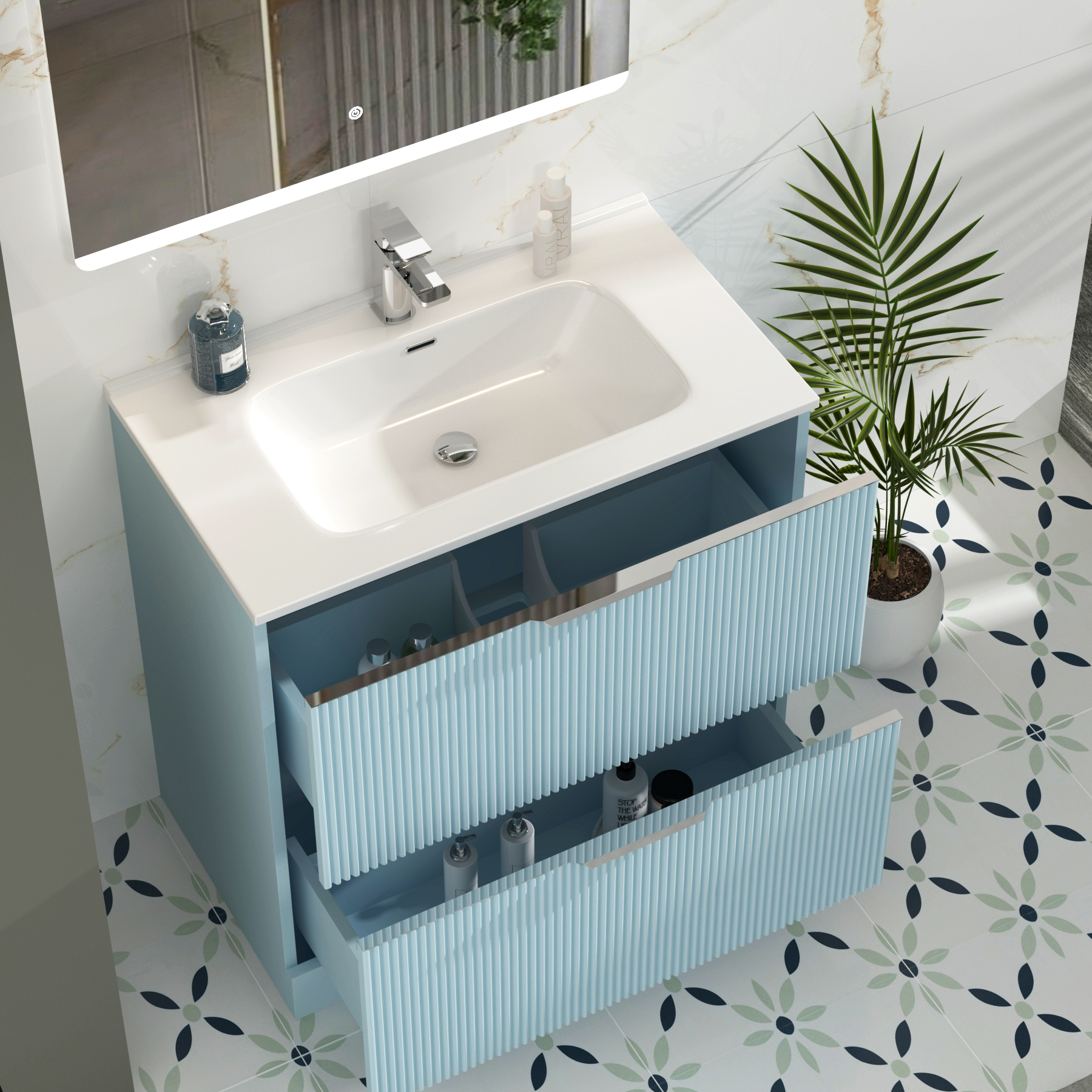 Evora 800mm Powder Blue Fluted Floor Standing Vanity Unit 2 Drawer with Ceramic Basin