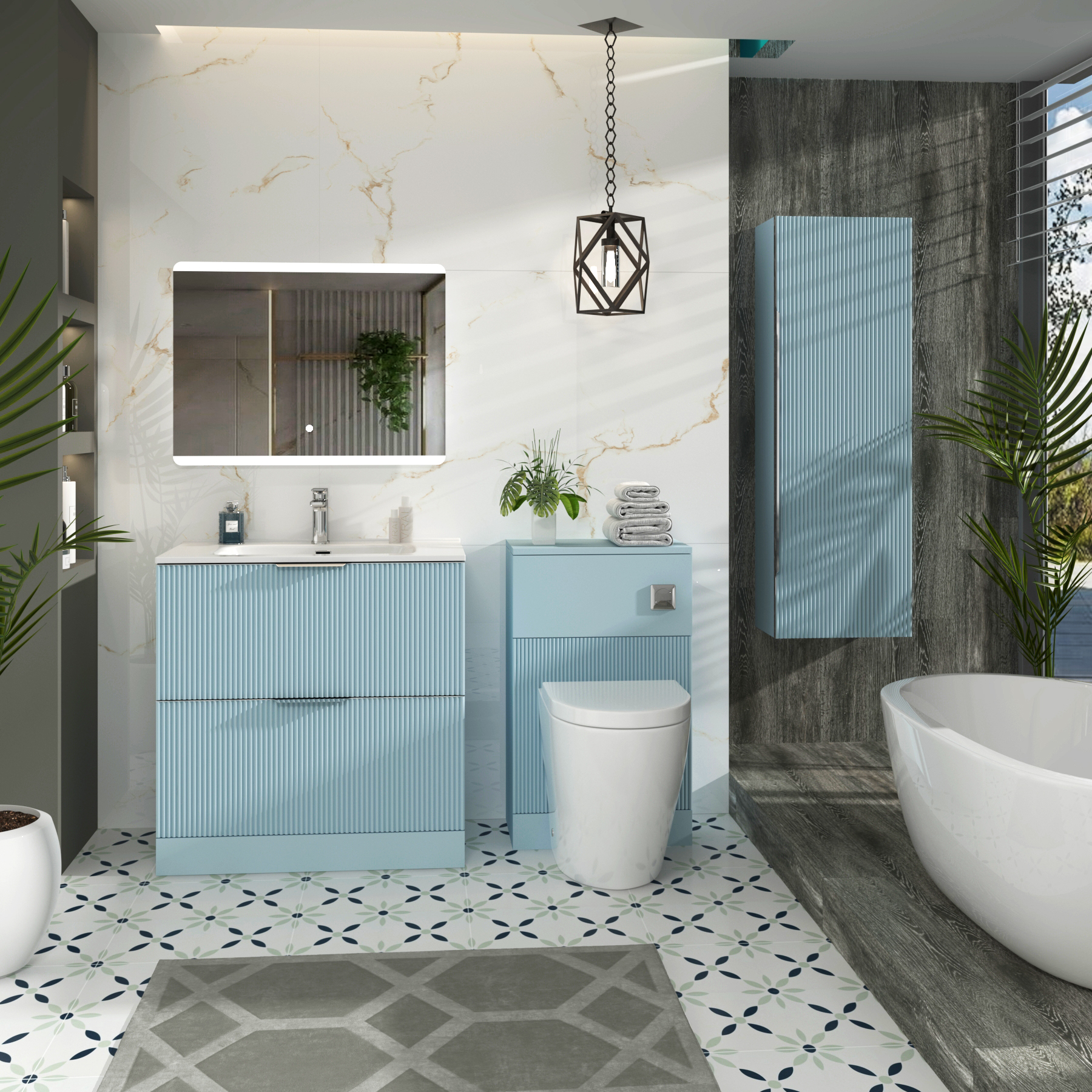 Evora 800mm Powder Blue Fluted Floor Standing Vanity Unit 2 Drawer with Ceramic Basin