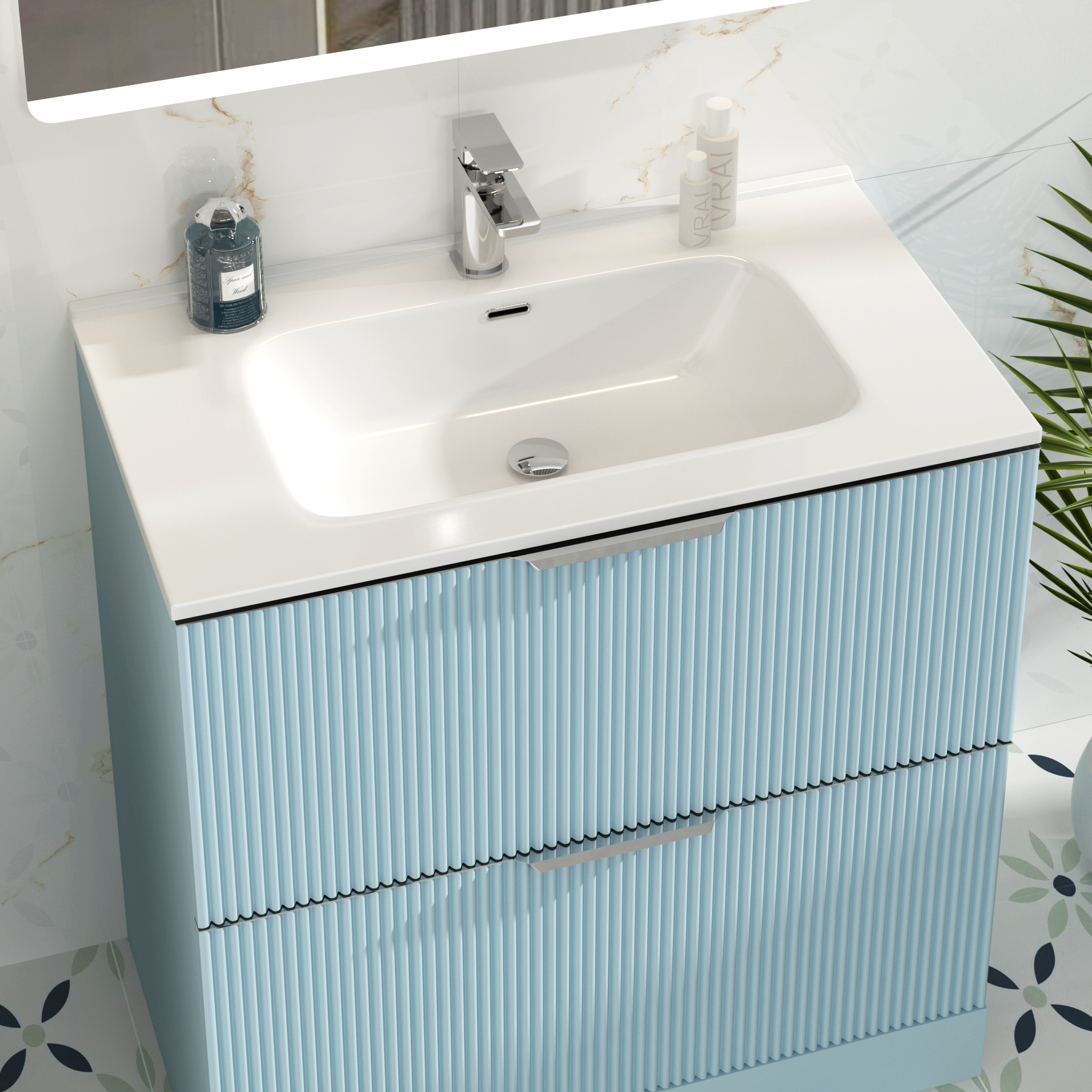 Evora 800mm Powder Blue Fluted Floor Standing Vanity Unit 2 Drawer with Ceramic Basin