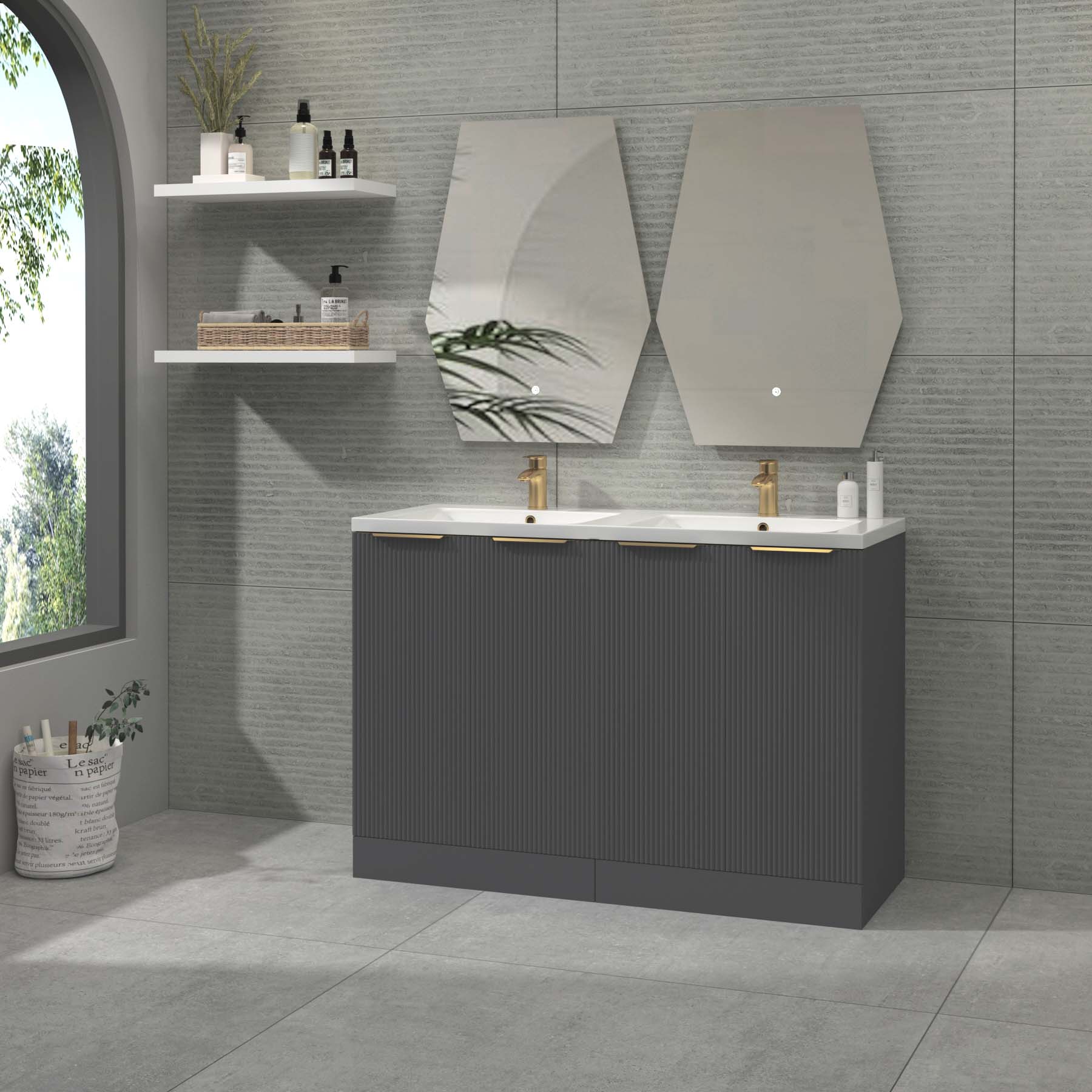Evora 1200mm Graphite Grey Fluted Floor Standing Vanity Unit 4 Door with Ceramic Basin & Brushed Brass Handles