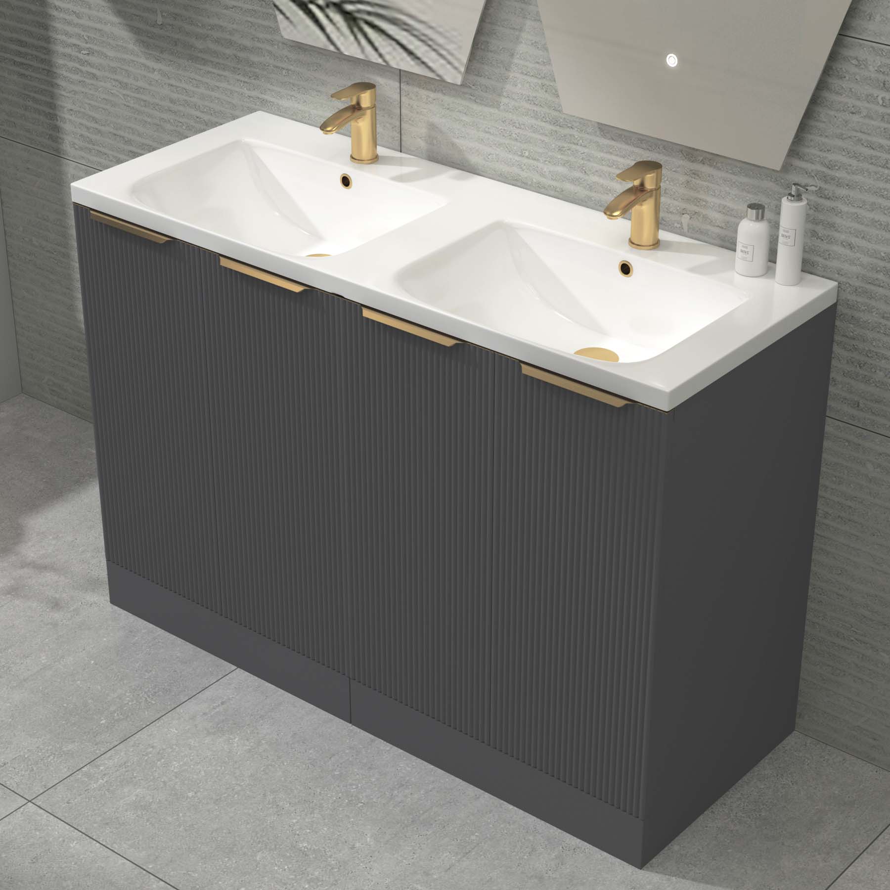 Evora 1200mm Graphite Grey Fluted Floor Standing Vanity Unit 4 Door with Ceramic Basin & Brushed Brass Handles