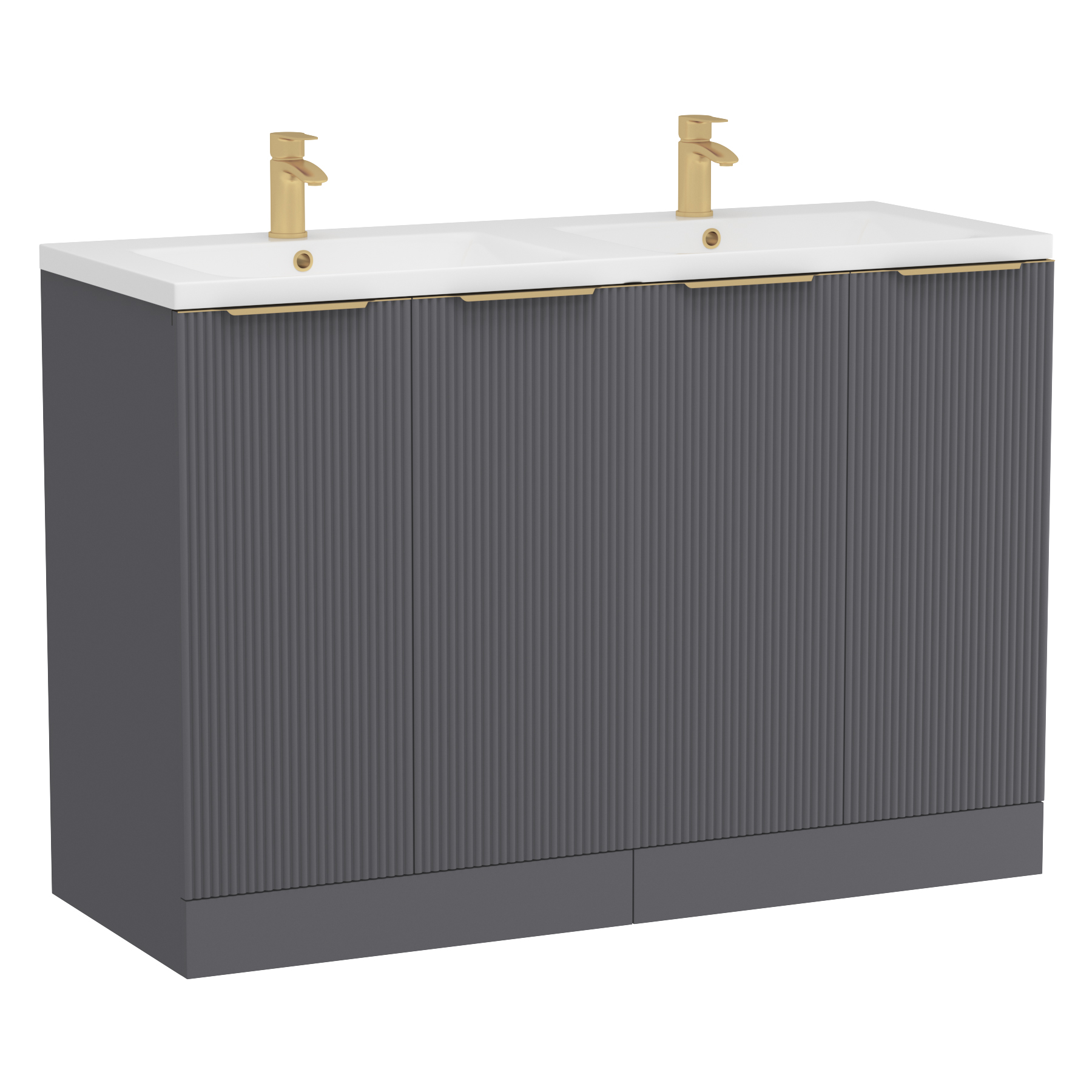 Evora 1200mm Graphite Grey Fluted Floor Standing Vanity Unit 4 Door with Ceramic Basin & Brushed Brass Handles