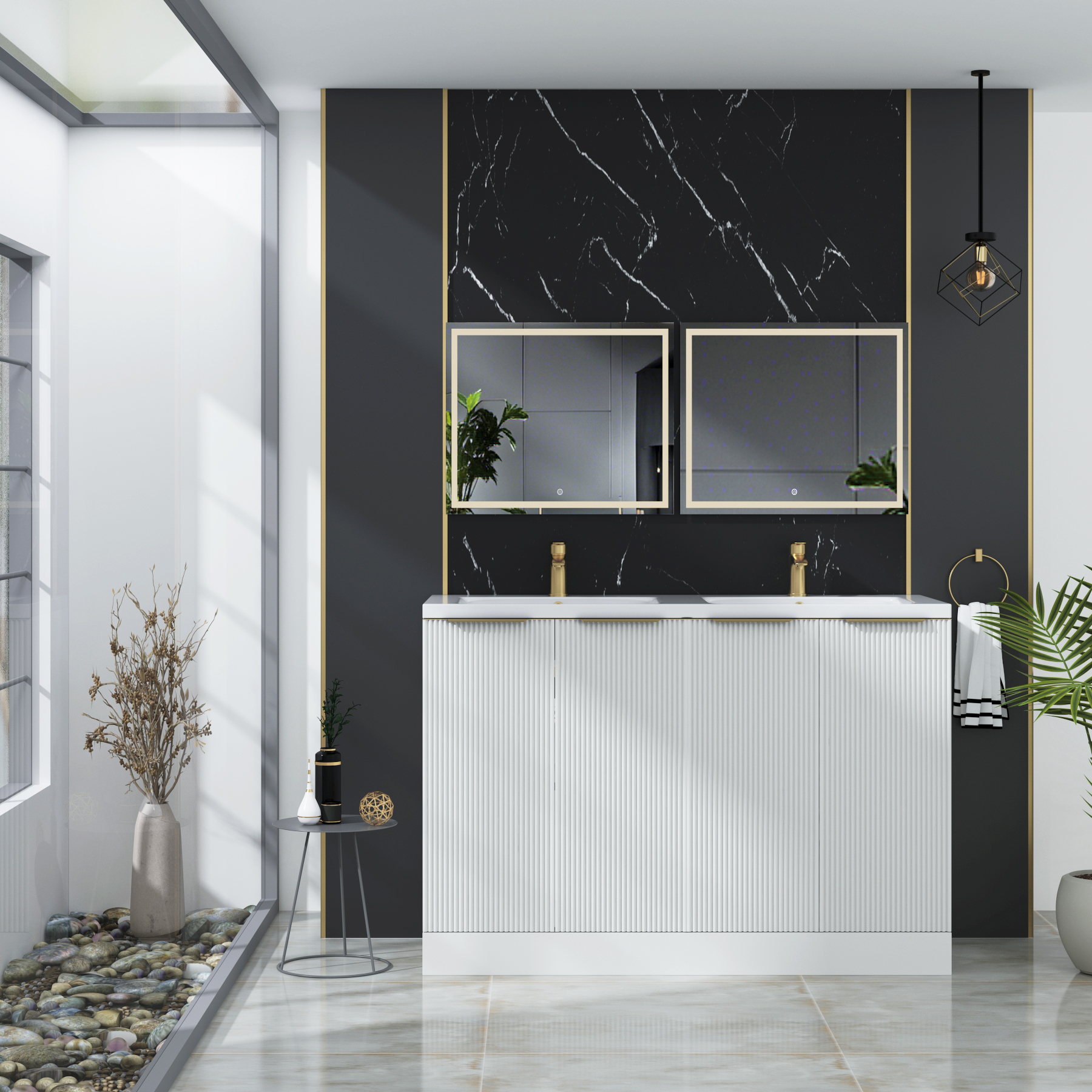 Evora 1200mm Matt White Fluted Floor Standing Vanity Unit 4 Door with Ceramic Basin & Various Handles