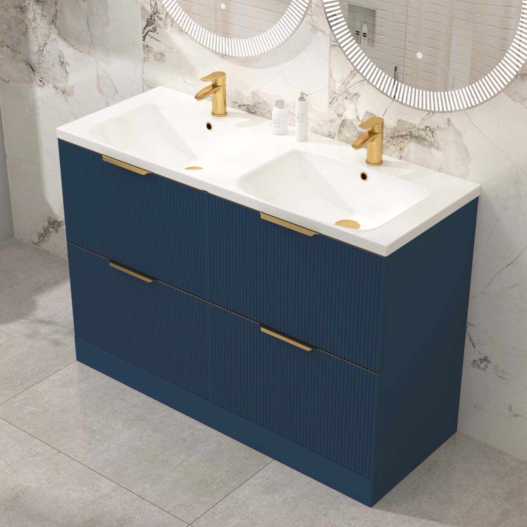 Evora 1200mm Midnight Blue Fluted Floor Standing Vanity Unit 4 Drawer with Ceramic Basin & Brushed Brass Handles