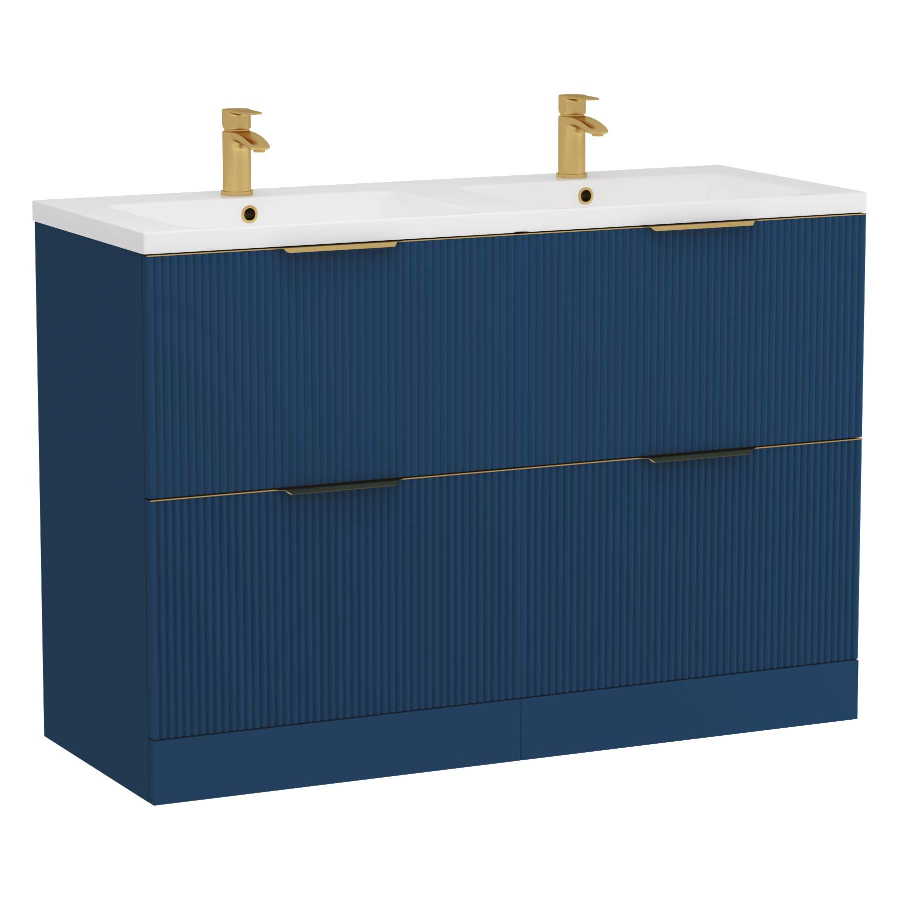 Evora 1200mm Midnight Blue Fluted Floor Standing Vanity Unit 4 Drawer with Ceramic Basin & Brushed Brass Handles