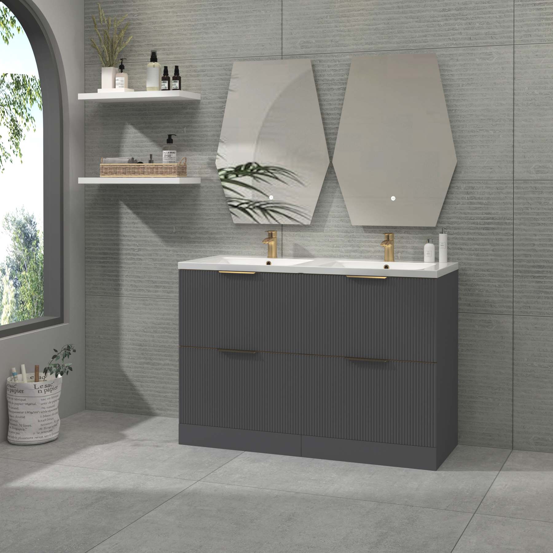 Evora 1200mm Graphite Grey Fluted Floor Standing Vanity Unit 4 Drawer with Ceramic Basin & Various Handles