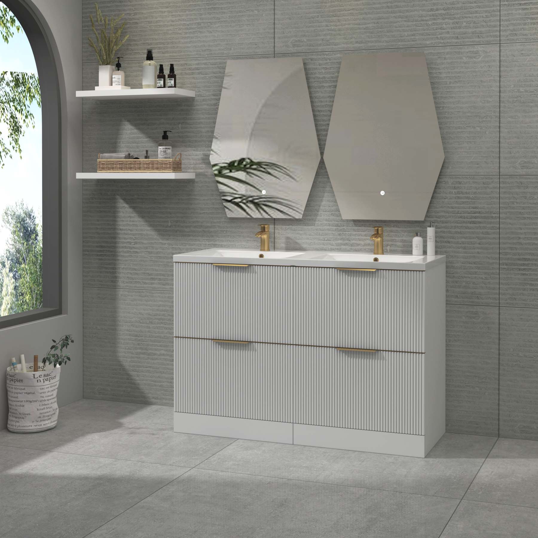 Evora 1200mm Matt White Fluted Floor Standing Vanity Unit 4 Drawer with Ceramic Basin & Various Handles