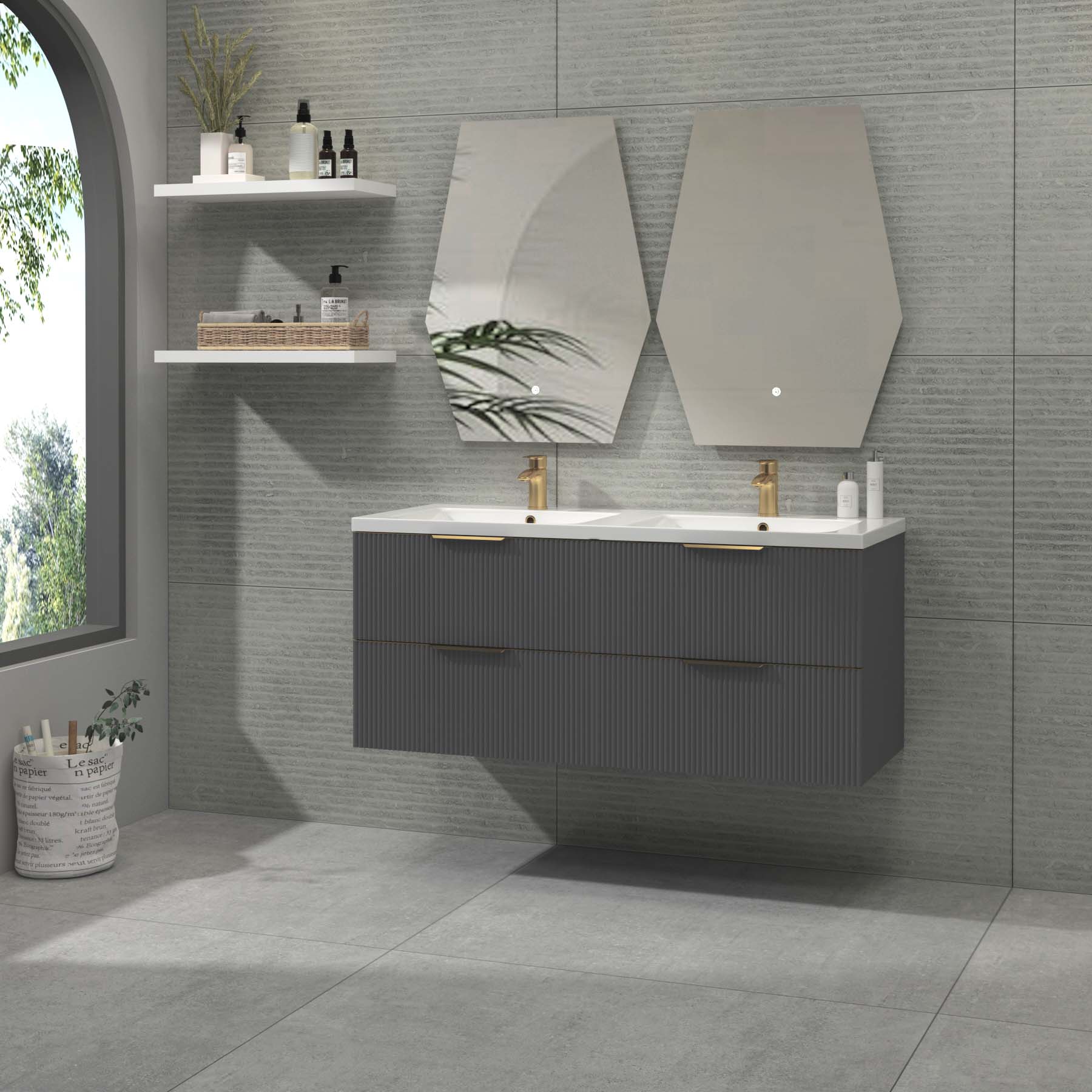 Evora 1200mm Graphite Grey Fluted Wall Hung Vanity Unit 4 Drawer with Ceramic Basin & Various Handles