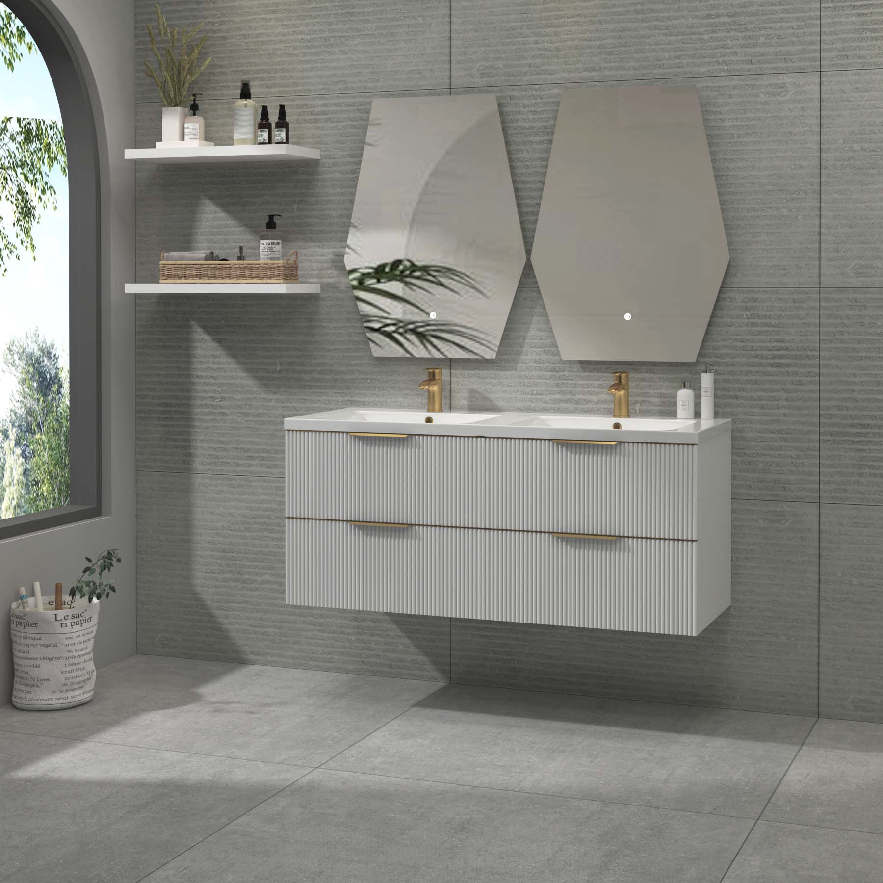 Evora 1200mm Matt White Fluted Wall Hung Vanity Unit 4 Drawer with Ceramic Basin & Brushed Brass Handles