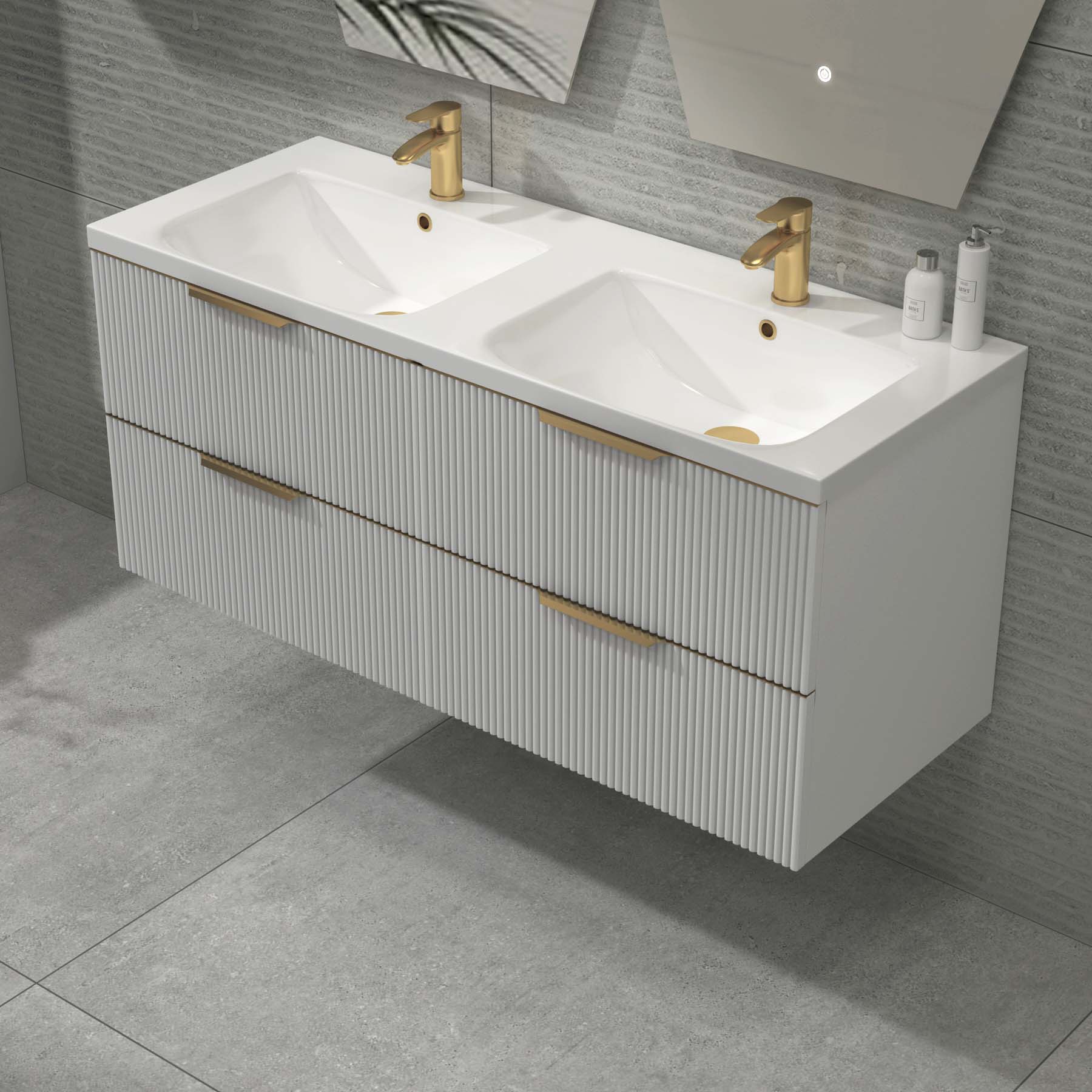 Evora 1200mm Matt White Fluted Wall Hung Vanity Unit 4 Drawer with Ceramic Basin & Brushed Brass Handles