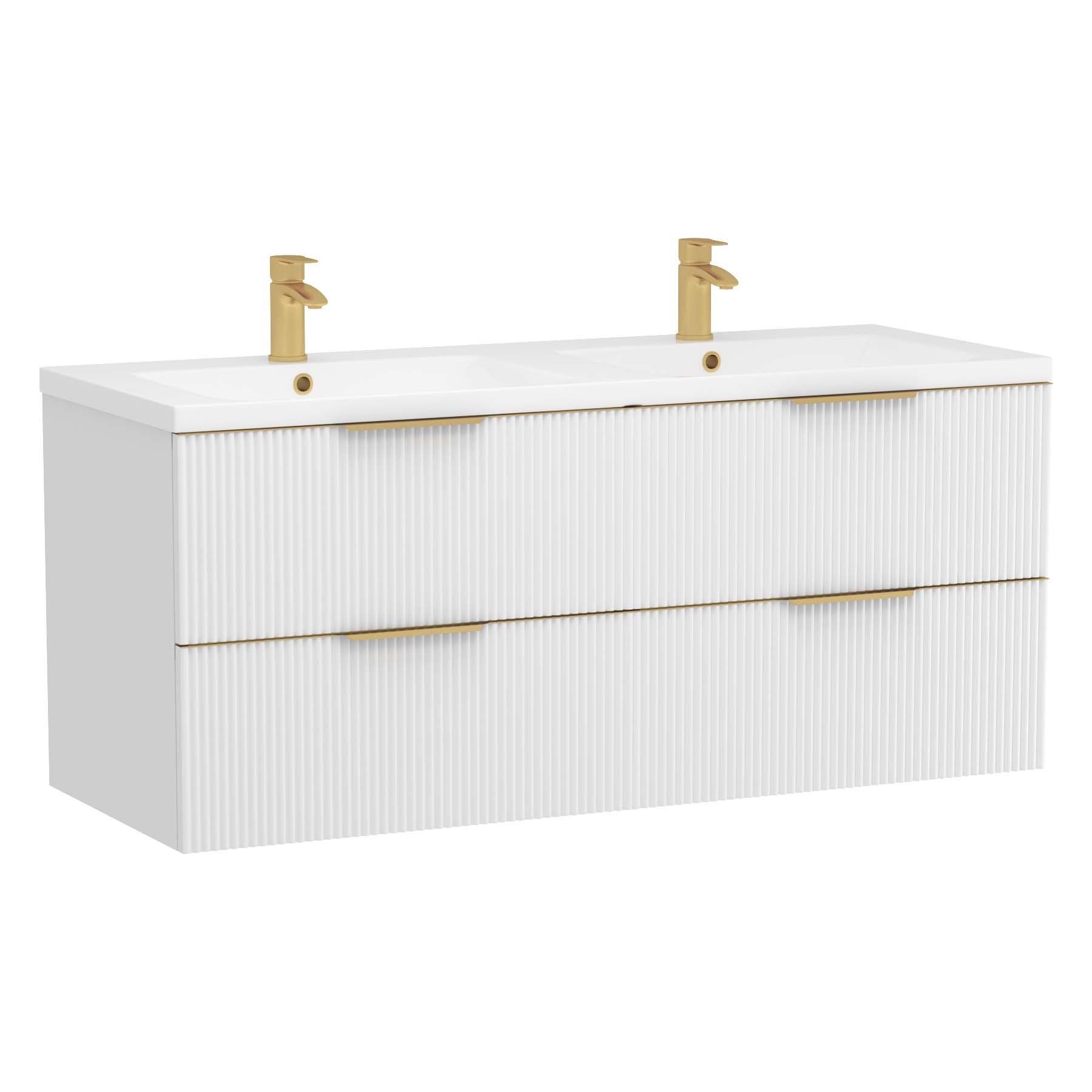 Evora 1200mm Matt White Fluted Wall Hung Vanity Unit 4 Drawer with Ceramic Basin & Brushed Brass Handles