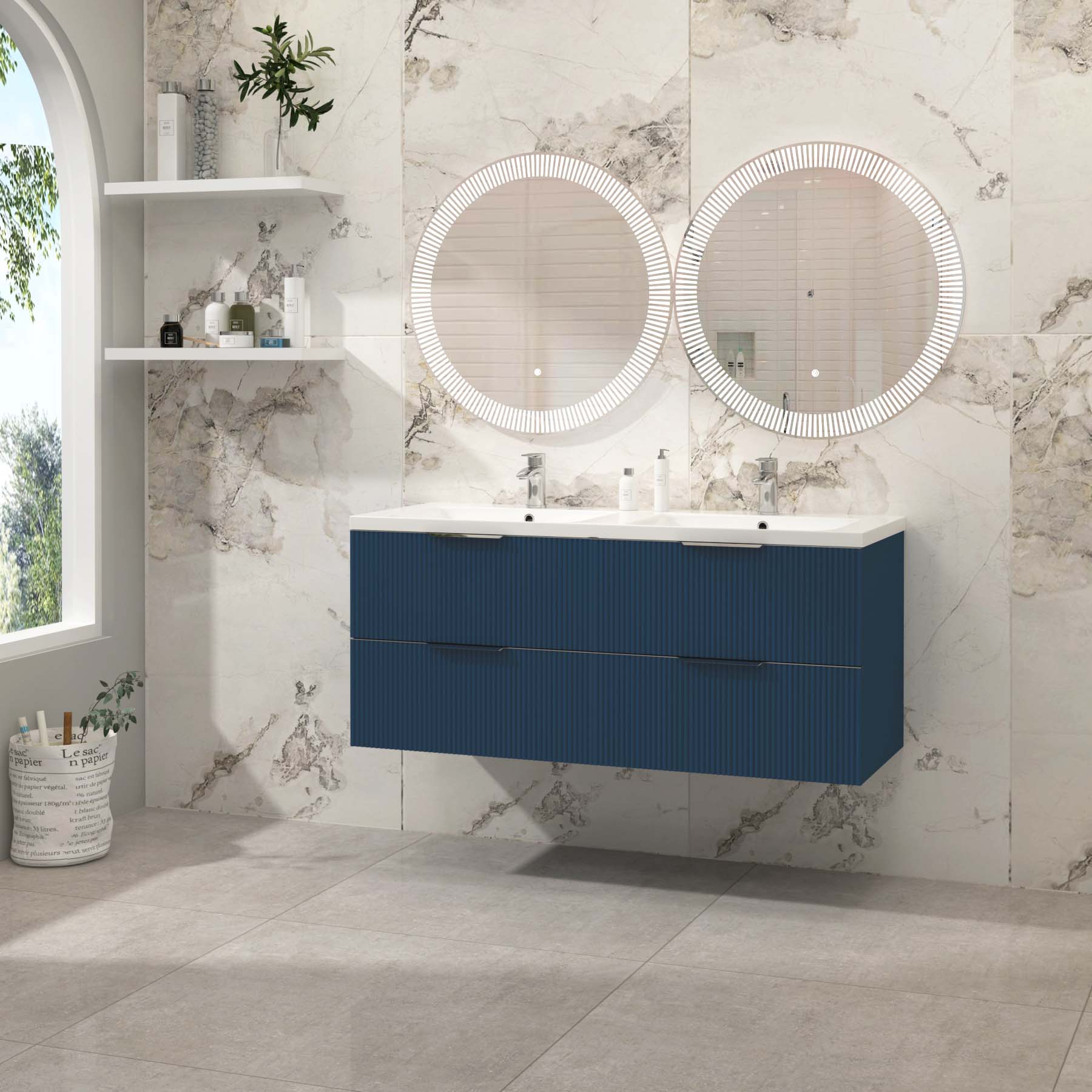 Evora 1200mm Midnight Blue Fluted Wall Hung Vanity Unit 4 Drawer with Ceramic Basin & Various Handles