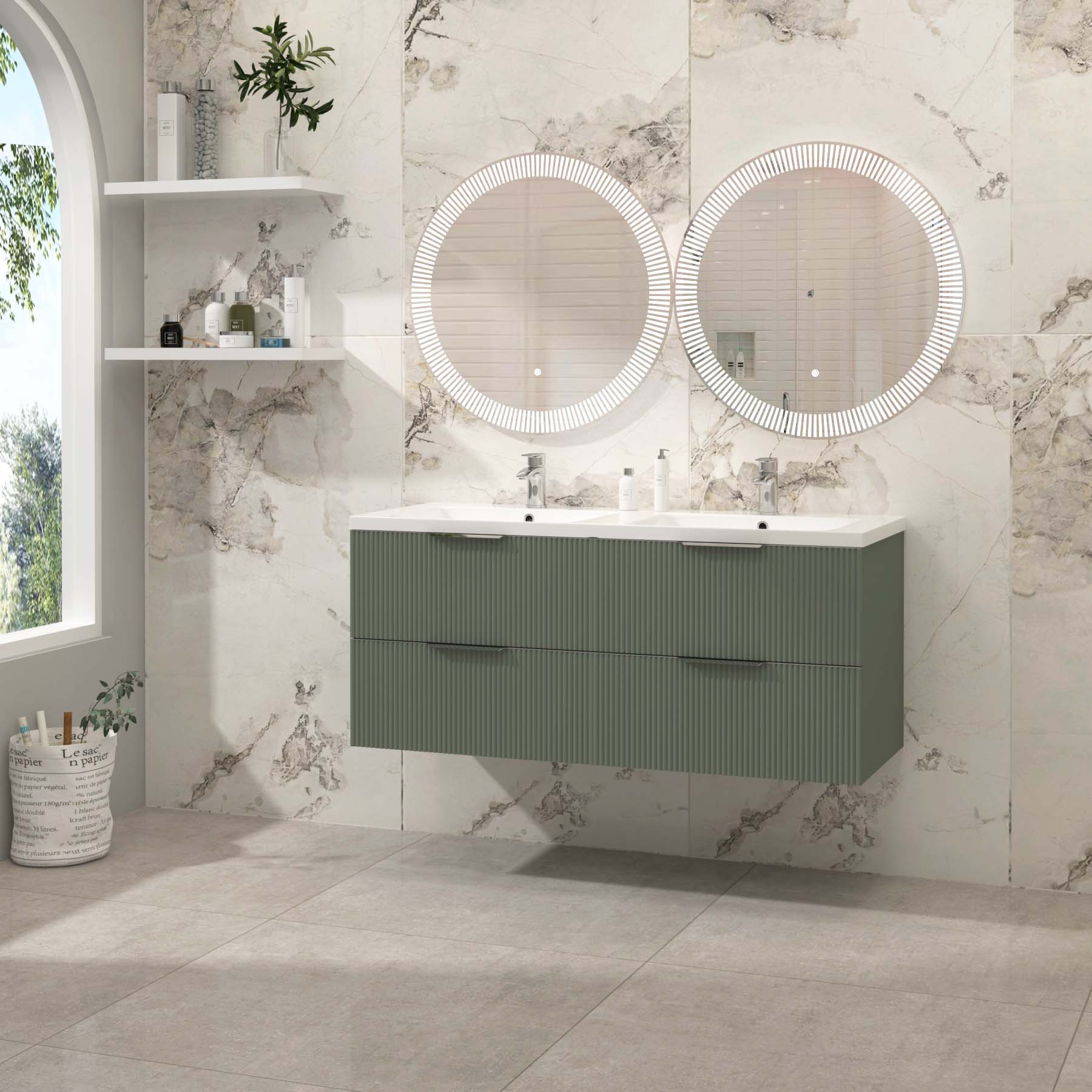 Evora 1200mm Sage Green Fluted Wall Hung Vanity Unit 4 Drawer with Ceramic Basin & Various Handles