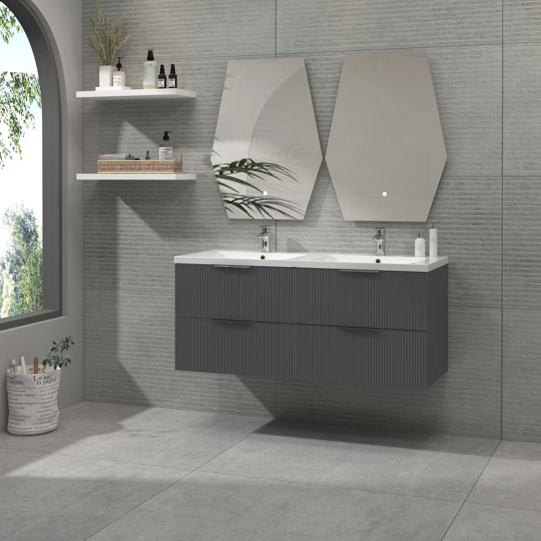 Evora 1200mm Graphite Grey Fluted Wall Hung Vanity Unit 4 Drawer with Ceramic Basin & Various Handles