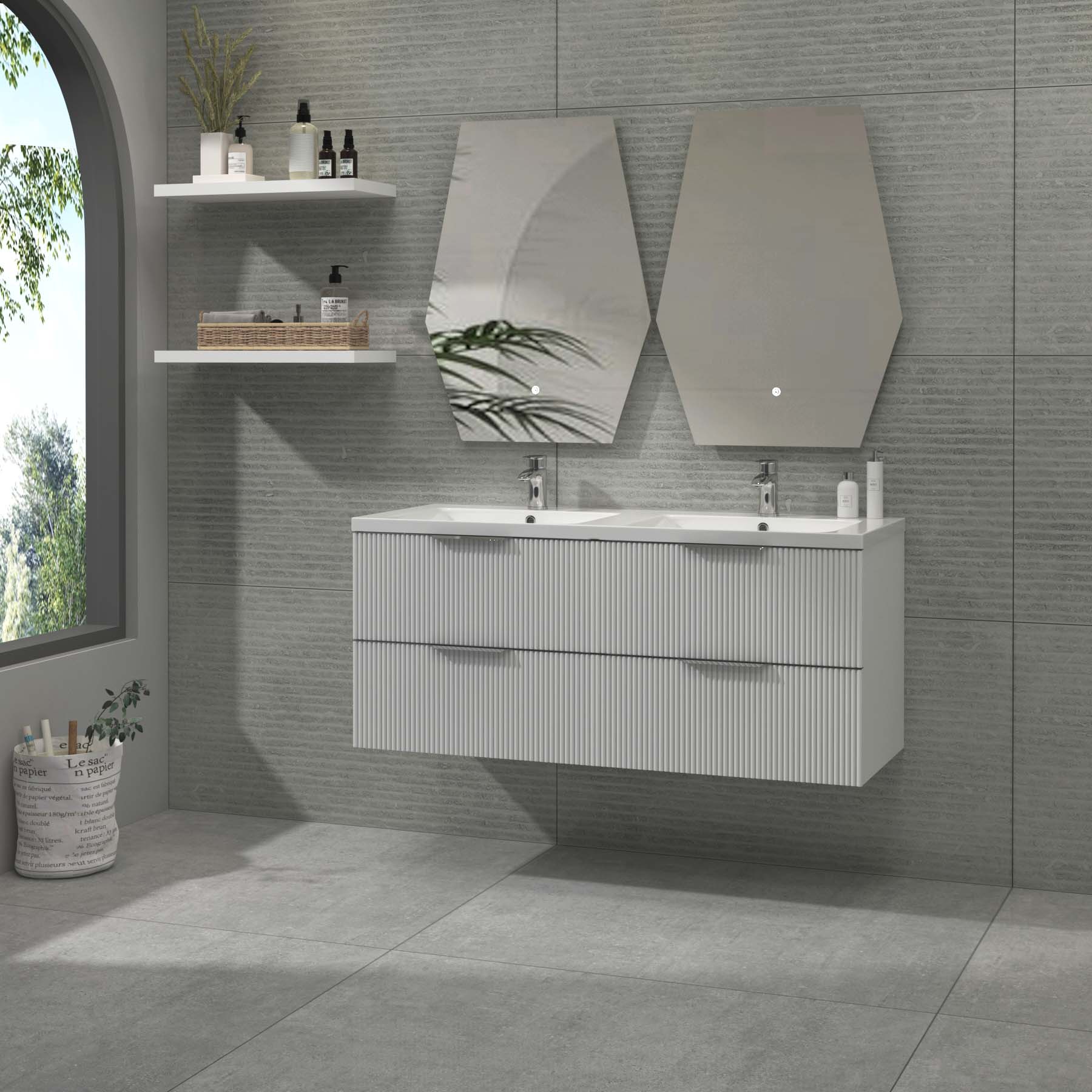 Evora 1200mm Matt White Fluted Wall Hung Vanity Unit 4 Drawer with Ceramic Basin
