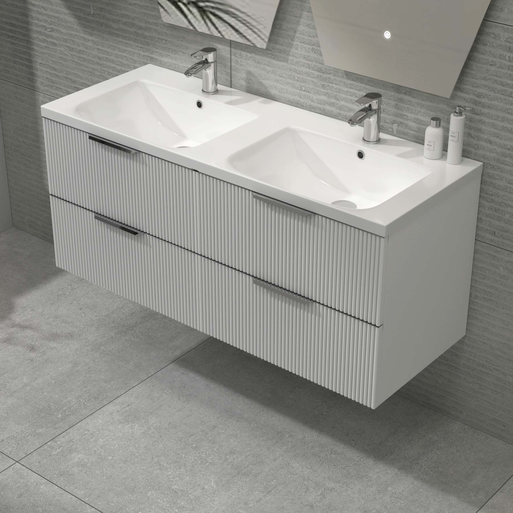 Evora 1200mm Matt White Fluted Wall Hung Vanity Unit 4 Drawer with Ceramic Basin