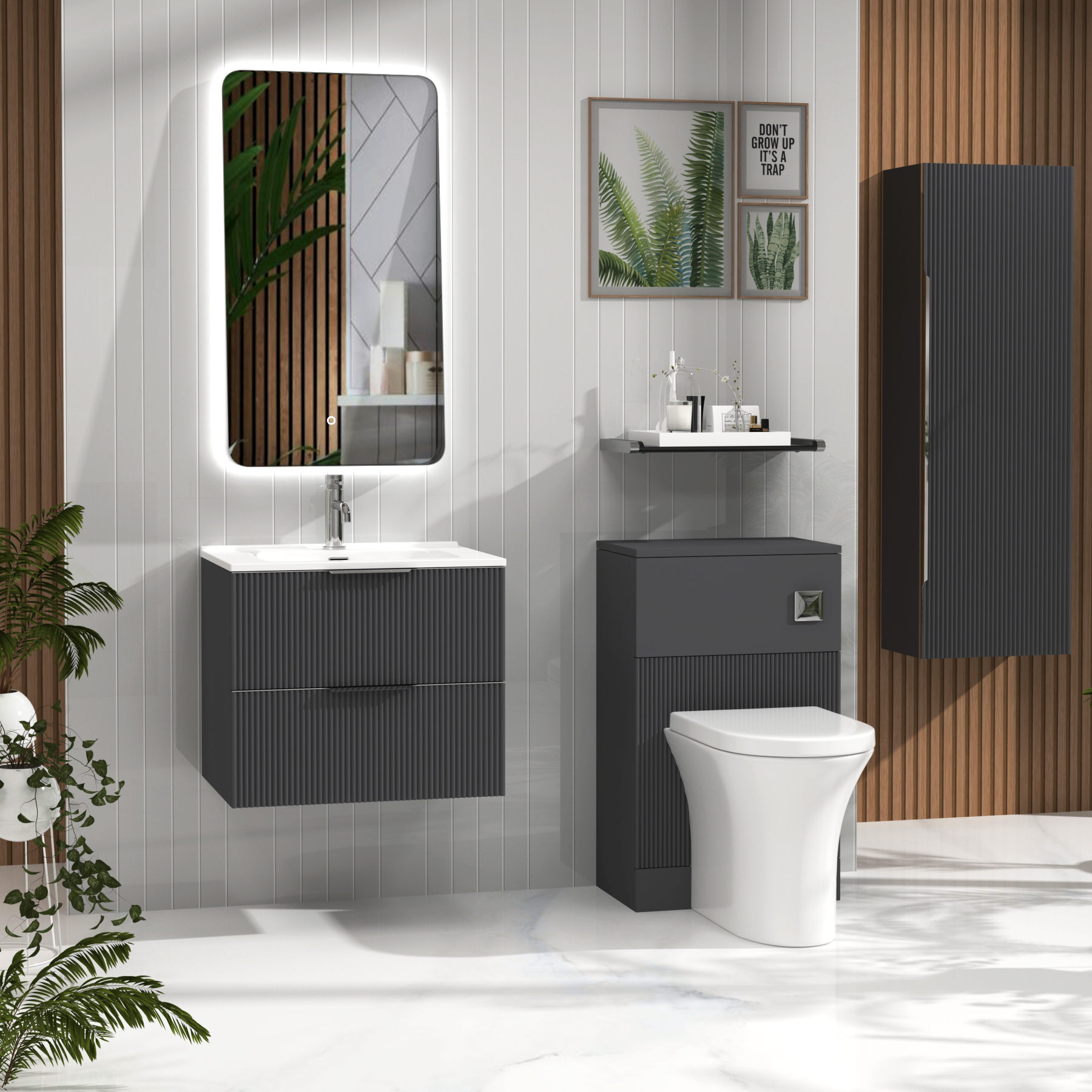 Evora Graphite Grey Fluted Wall Hung Vanity Unit 2 Drawer with Optional Basin & Various Handles