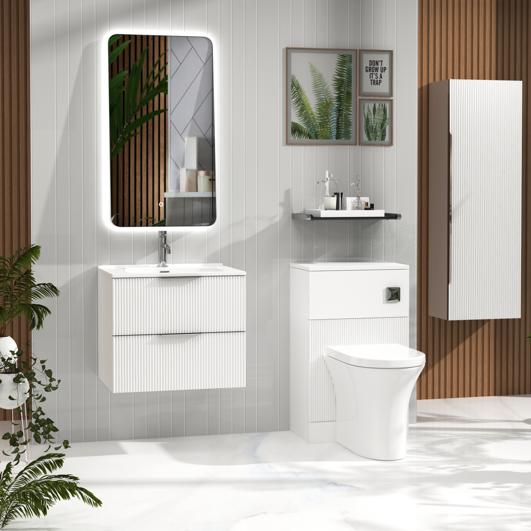 Evora Matt White Fluted Wall Hung Vanity Unit 2 Drawer with Optional Basin & Various Handles