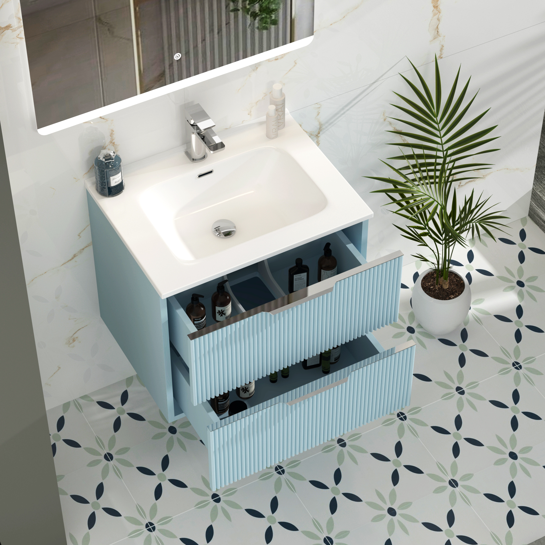 Evora 700mm Powder Blue Fluted Wall Hung Vanity Unit 2 Drawer with Ceramic Basin