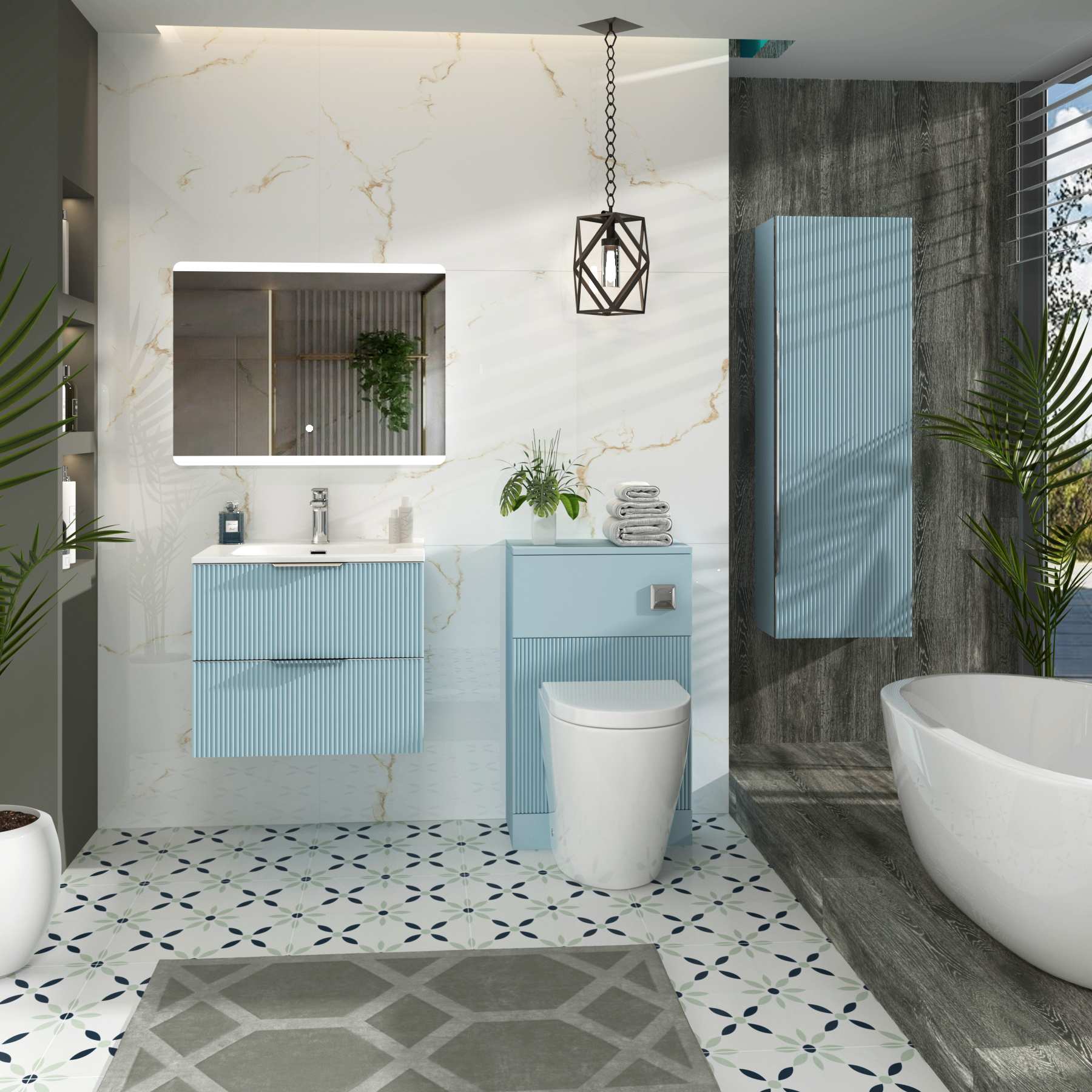 Evora 700mm Powder Blue Fluted Wall Hung Vanity Unit 2 Drawer with Ceramic Basin