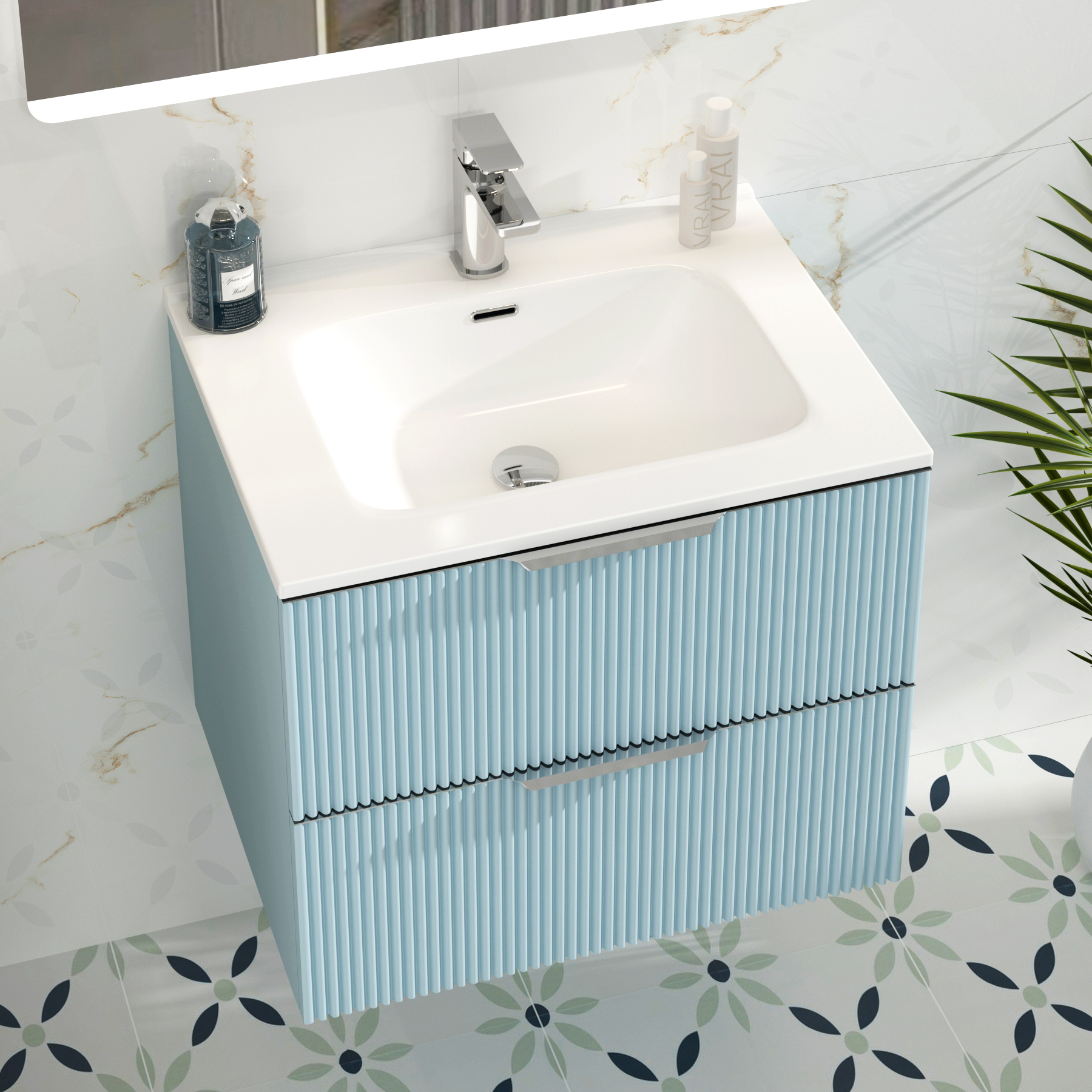Evora 700mm Powder Blue Fluted Wall Hung Vanity Unit 2 Drawer with Ceramic Basin
