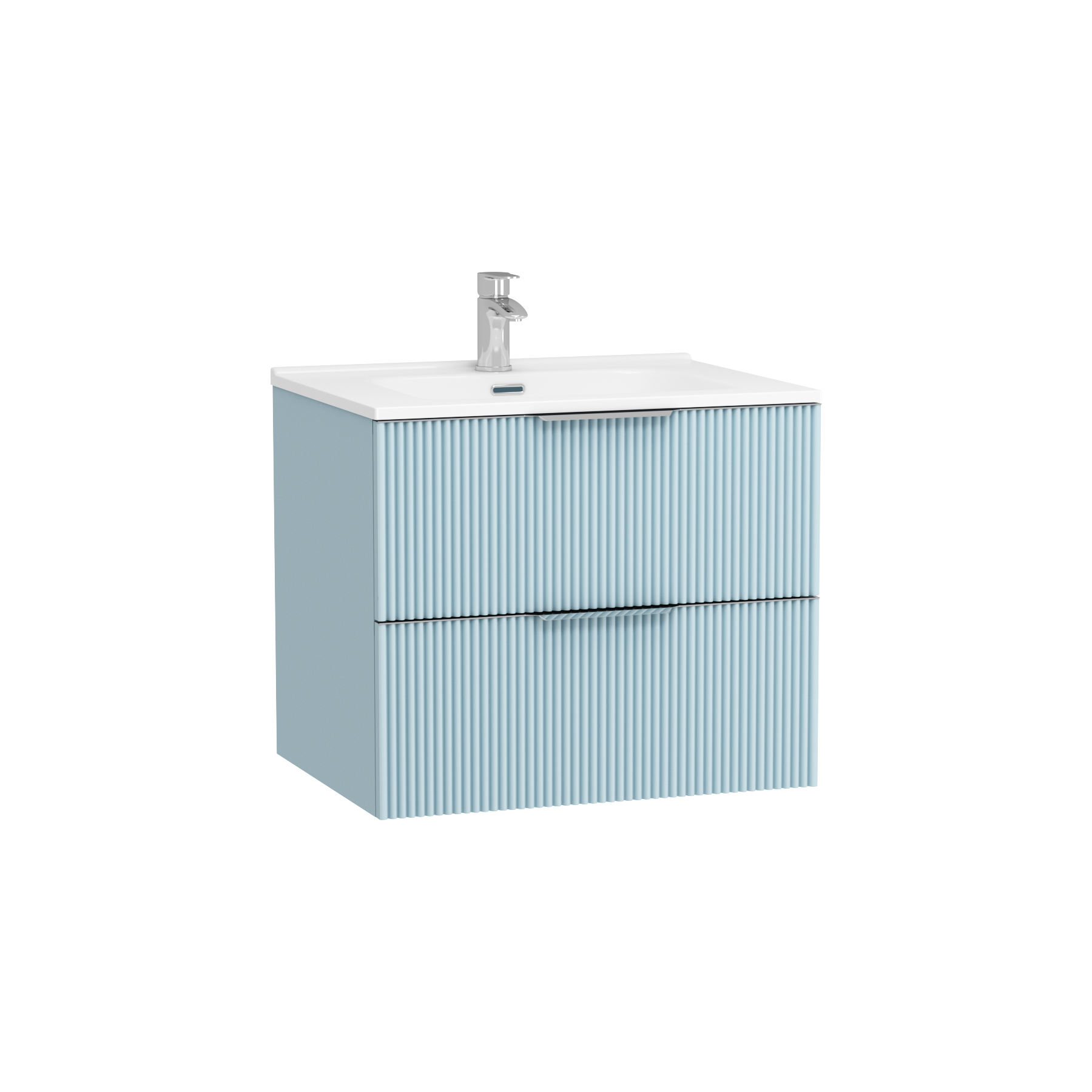 Evora 700mm Powder Blue Fluted Wall Hung Vanity Unit 2 Drawer with Ceramic Basin